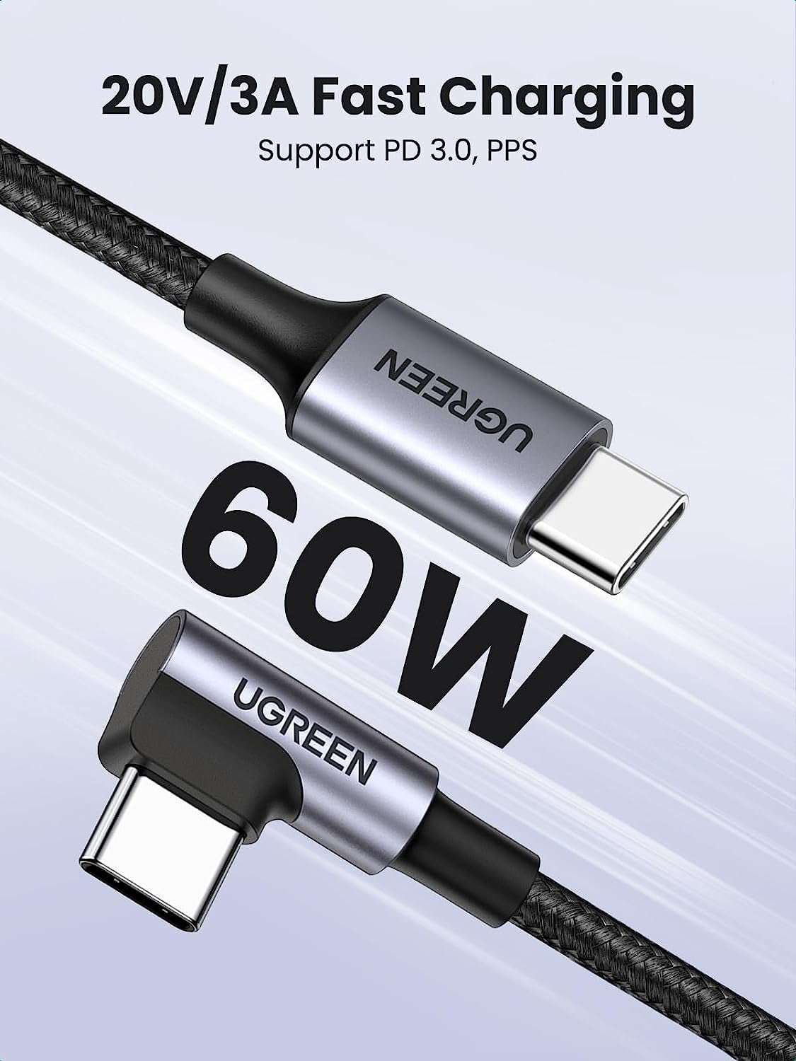 60W Right Angle USB-C Fast Charging Cable, 3.3Ft