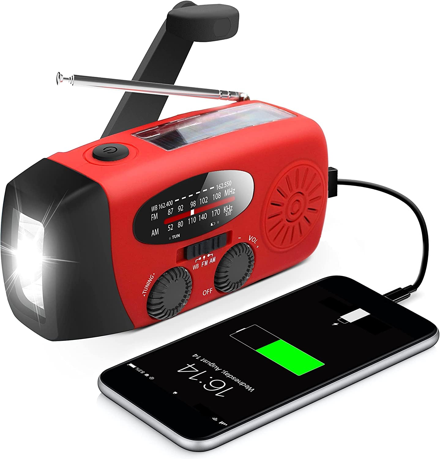 Emergency Hand Crank Radio with LED Flashlight for Emergency, AM/FM NOAA Portable Weather Radio with 2000Mah Power Bank Phone Charger, USB Charged & Solar Power for Camping, Emergency