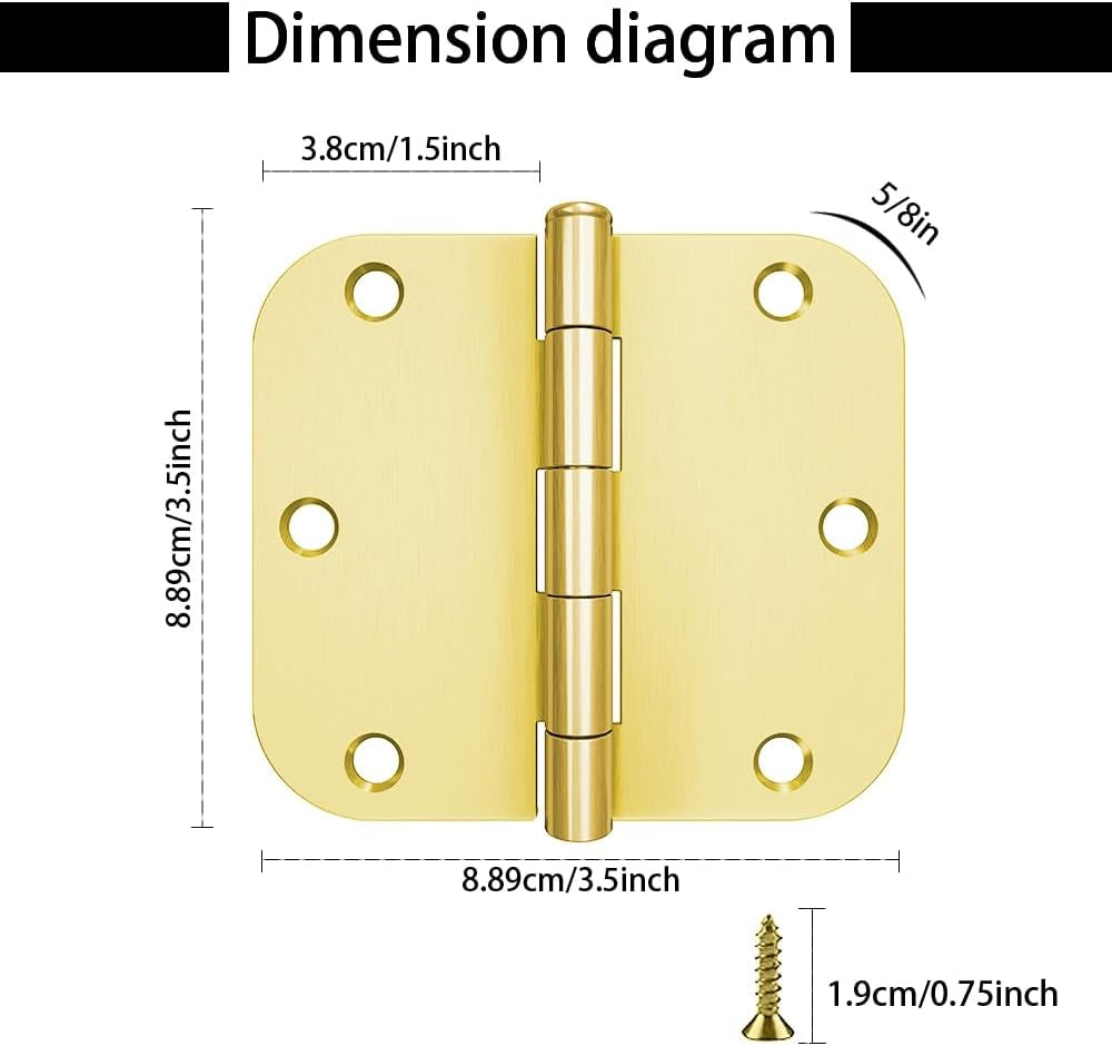 6Pcs Matte Black Door Hinges 3.5 X 3.5 Inch,Interior 3 1/2 Inch Door Hinges,5/8" Radius Corners Flat Iron Hinge,Hardware Controls(Gold)