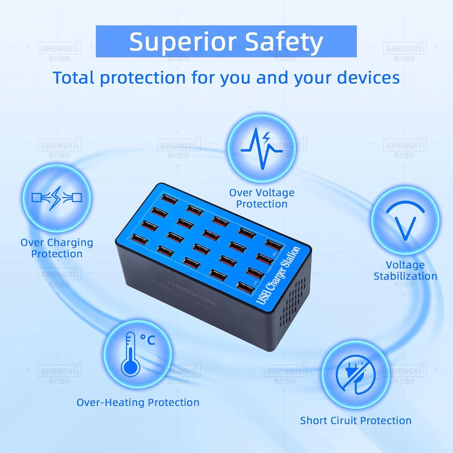 USB Charging Station,100W 20-Port Multi Device Charger with Intelligent Safety Features,Charging Station for Multiple Devices Phone,Watch,Pad,Speakers,Headphones,Ps Compact for Home,Office,Travel
