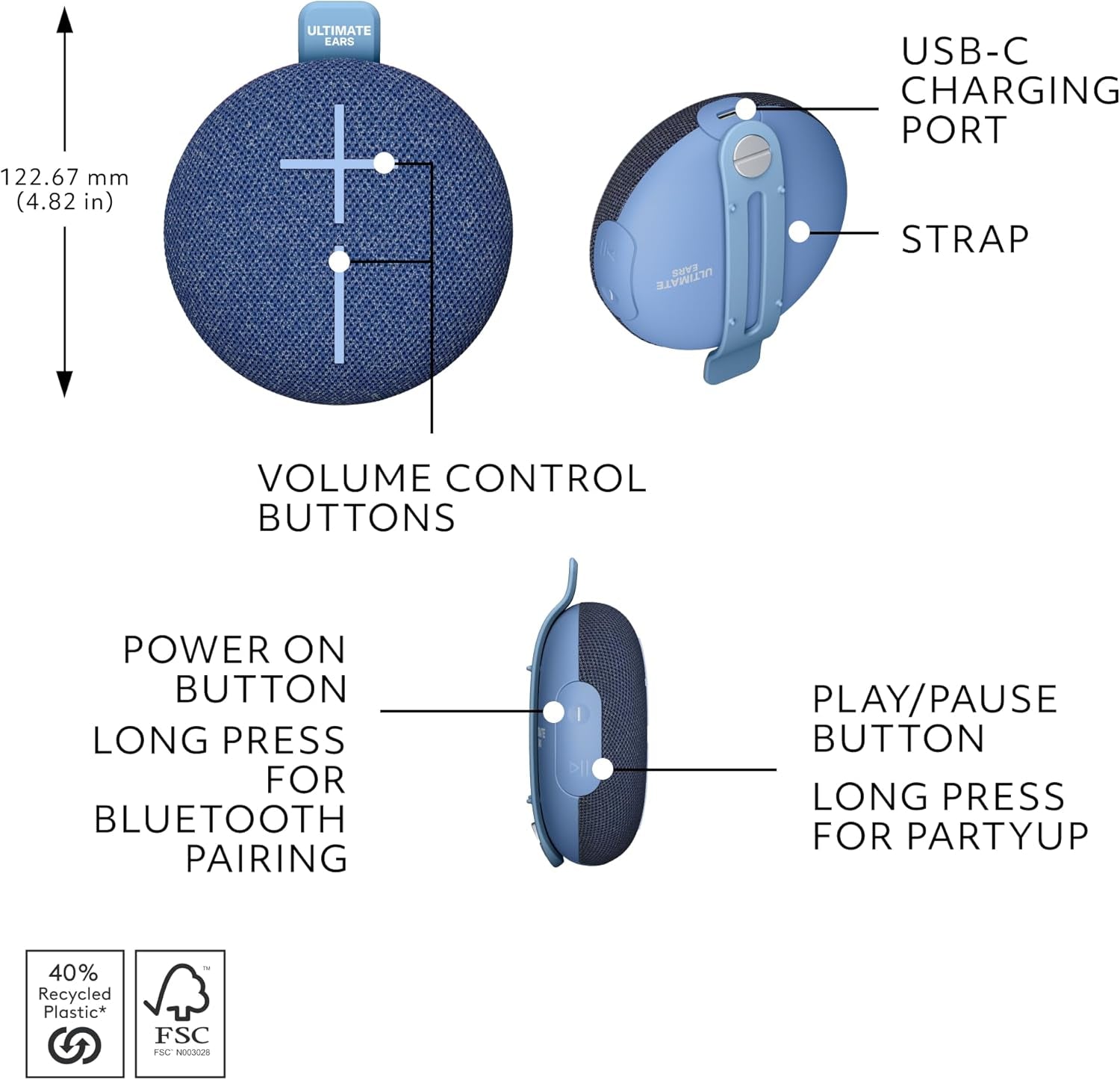 MINIROLL Ultra-Portable Waterproof Bluetooth Speaker, Big Bass, IP67 Dustproof, 131 Ft (40 M) Range - Majestic Blue