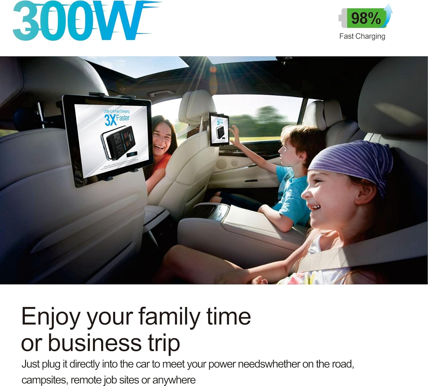 300W Car Power Inverter - Dual DC to AC Plug Adapter Outlets, 65W USB-C Fast Charging, 24W USB-C & 3.0 USB-A Ports, Portable Car Charger with Switch Control Converter for Laptops, Phones