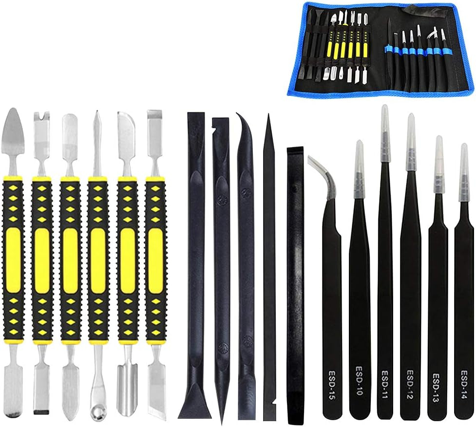 17 in 1 Electronics Repair Tools Opening Pry Tool Kit with Dual Ends Metal Spudgers, Black Tweezers Set Replacement for Ipad Tablets Laptop Electronics Device Mobile Phone