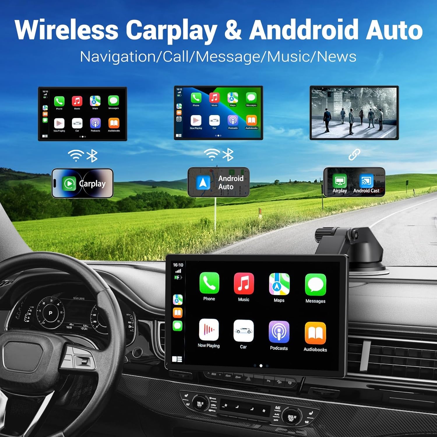 Wireless Apple Carplay Screen for Car 4K Dash Cam, 9" Portable Apple Carplay & Android Auto Car Stereo, with 1080P Backup Camera, GPS Navigation/Mirror Link/Voice Control/Bluetooth
