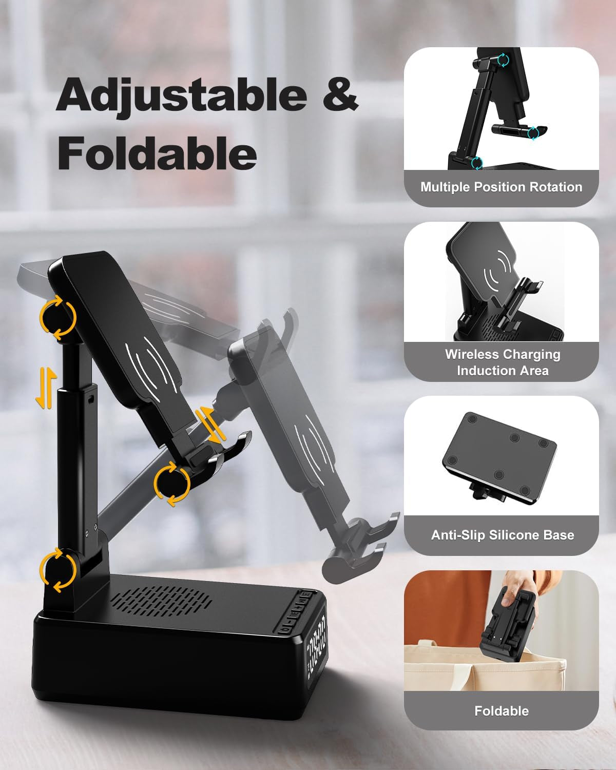 Gifts for Men Cell Phone Stand with Wireless Bluetooth Speaker and Wireless Charger, Phone Charger Stand with Digital Alarm Clock for Iphone, Birthday Gifts for Men,Boyfriend,Dad,Women,Christmas