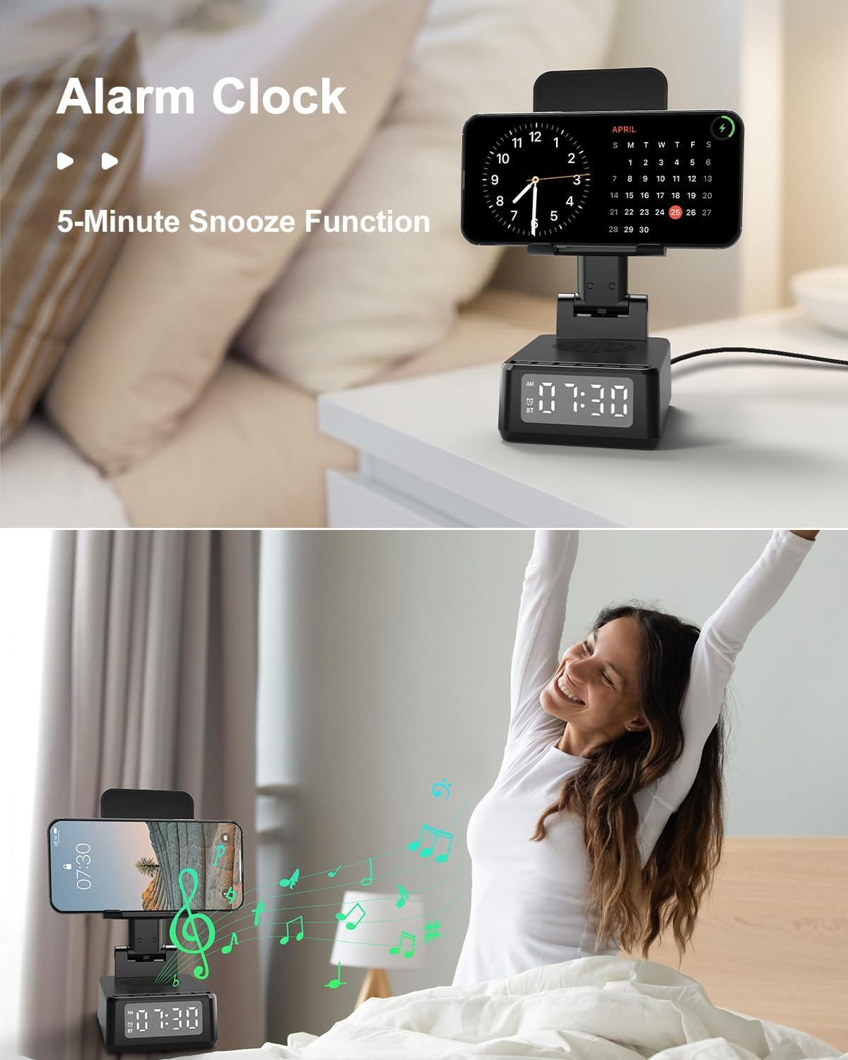 Gifts for Men Cell Phone Stand with Wireless Bluetooth Speaker and Wireless Charger, Phone Charger Stand with Digital Alarm Clock for Iphone, Birthday Gifts for Men,Boyfriend,Dad,Women,Christmas