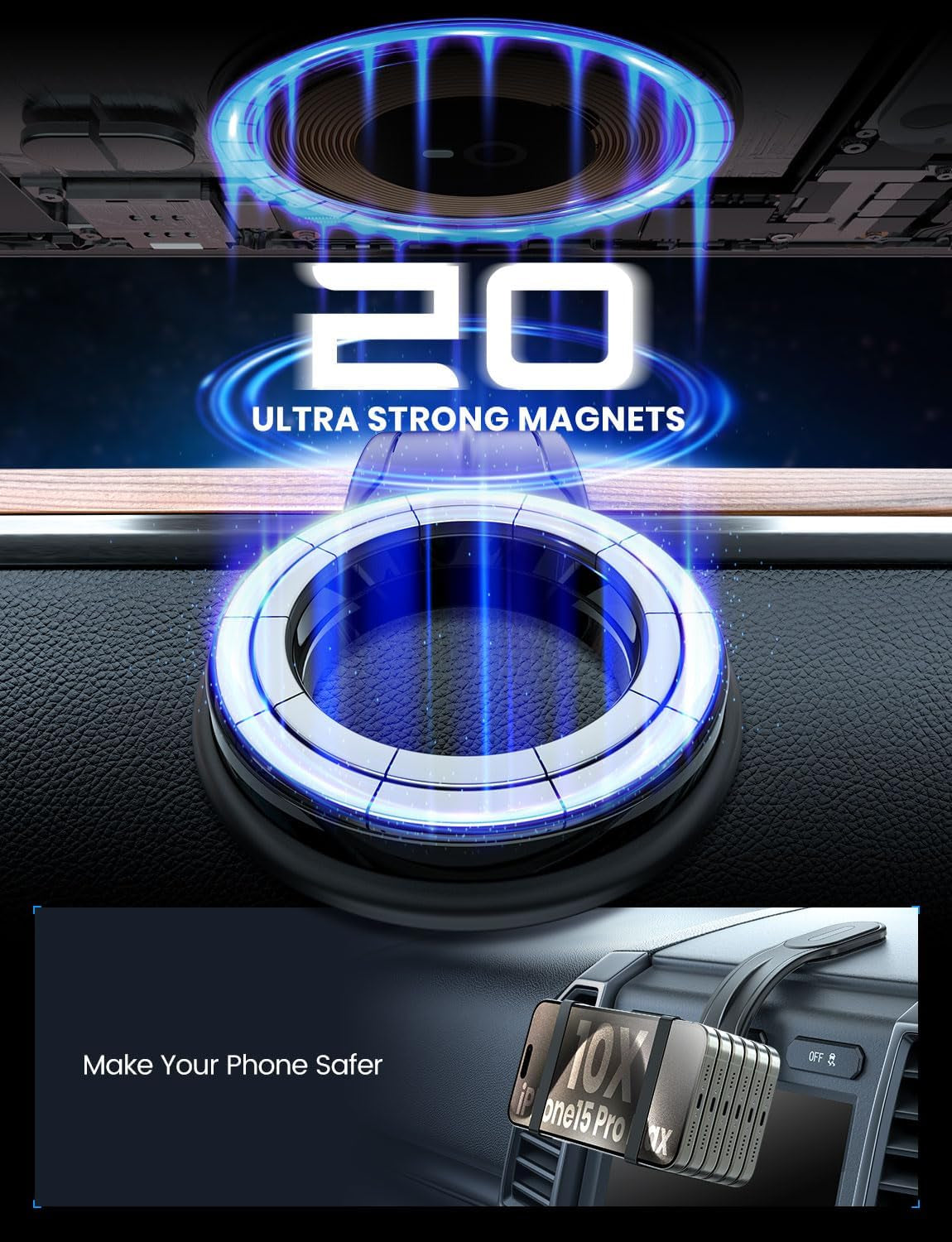 for Magsafe Car Mount Detachable, Bendable Aluminum Arm Magnetic Phone Holder for Car【20 Strong Magnets】 Cell Phone Mount for Car Dash Fit Iphone 16 15 14 13 Pro Max Mini Mag Safe Accessories