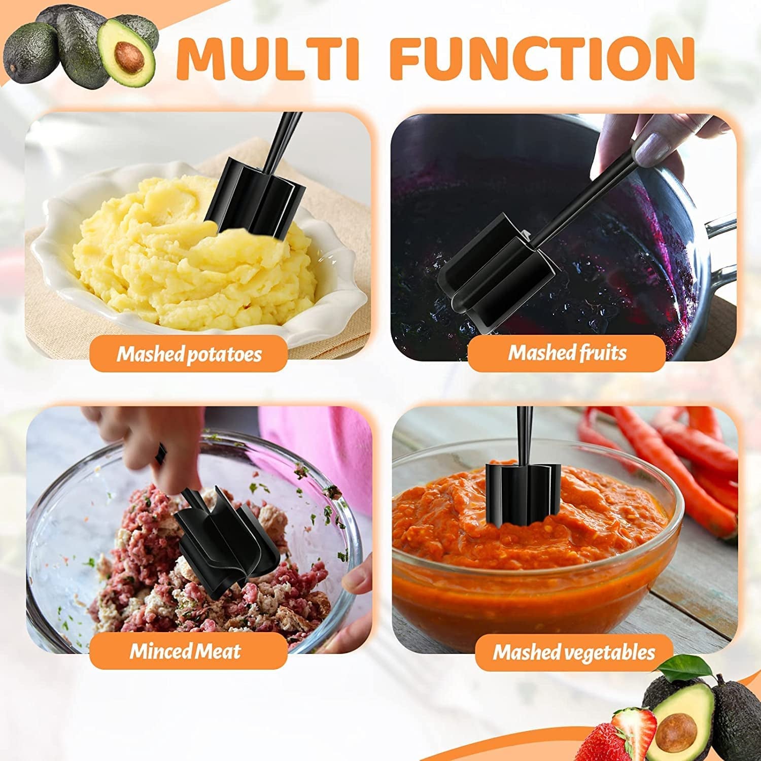 Meat Chopper, Hamburger Chopper, Potato Masher-Professional Multifunctional Heat Resistant Nylon Ground Beef Smasher Kitchen Tools and Gadgets, ​Safe for Non-Stick Cookware.