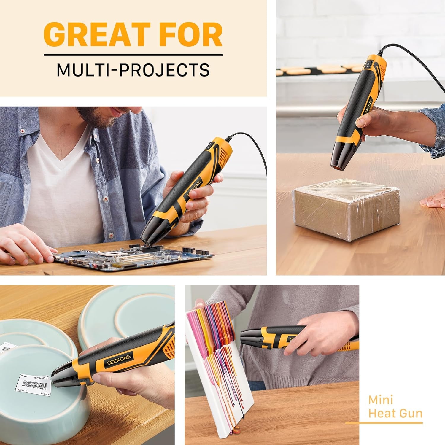 Mini Heat Gun, 350W 2-Temp Settings 500℉ & 842℉（260℃& 450℃） Fast Heat Hot Air Gun Tool with Reflector Nozzle and 4.9Ft Long Cable Overload Protection for Crafting, Vinyl Wrap and Shrink Tubing