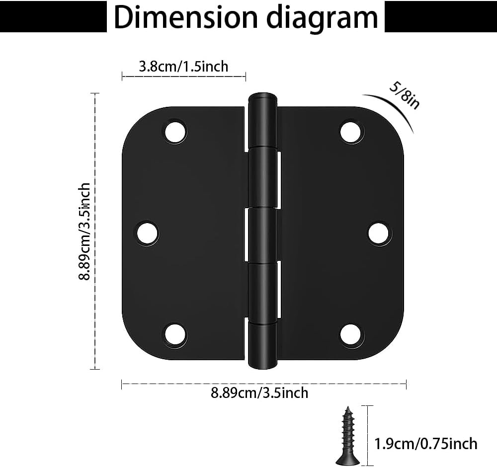 6Pcs Matte Black Door Hinges 3.5 X 3.5 Inch,Interior 3 1/2 Inch Door Hinges,5/8" Radius Corners Flat Iron Hinge,Hardware Controls(Black)