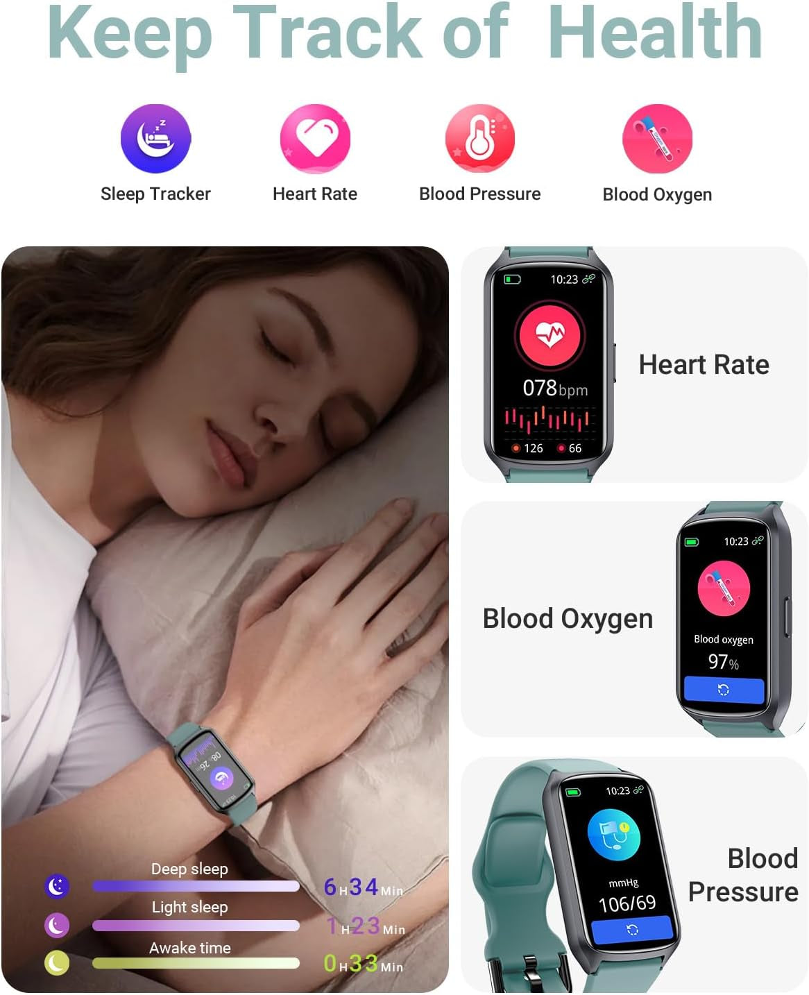 Health Fitness Tracker with 24/7 Heart Rate, Blood Oxygen, Blood Pressure, Sleep Tracker, 5ATM Waterproof Activity Trackers with Step Tracker, Pedometer (S & L Bands Included)