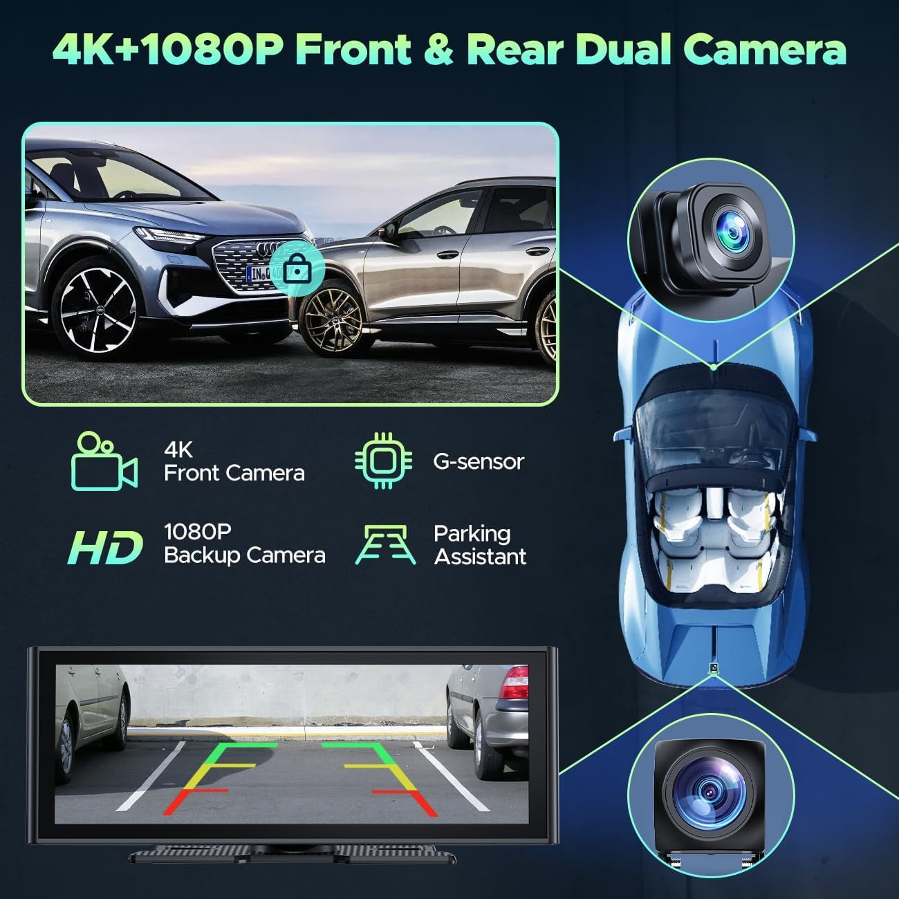 Wireless Carplay and Android Auto with 4K Dash Cam,9.26 Inch Protable Carplay Screen for Car,1080P Backup Camera, Digital Media Receivers with Voice Control,Bluetooth,G-Sensor,Gps,Mirror Link