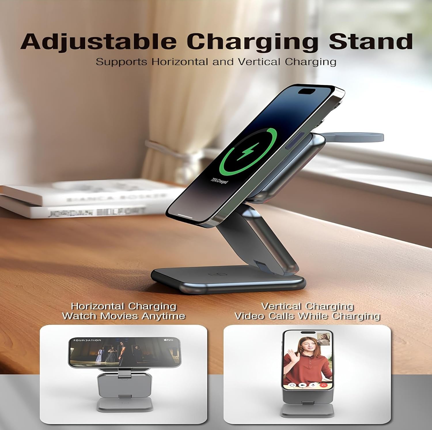Wireless Charger & Portable Travel Charging Station, Foldable Magnetic Stand, 15W Fast Magnetic Wireless Charger for Iphone 16/15/14/13, Apple Watch & Airpods (Adapter Included)