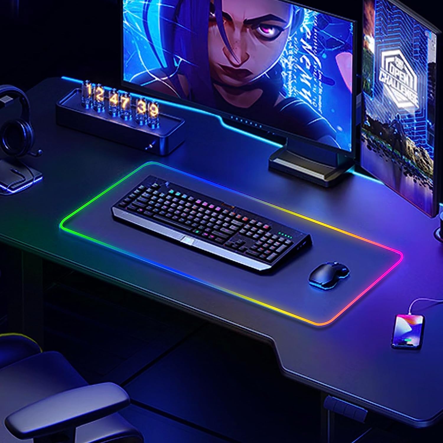 Large RGB Gaming Mouse Pad -15 Light Modes Touch Control Extended Soft Computer Keyboard Mat Non-Slip Rubber Base for Gamer Esports Pros 31.5X11.8 In