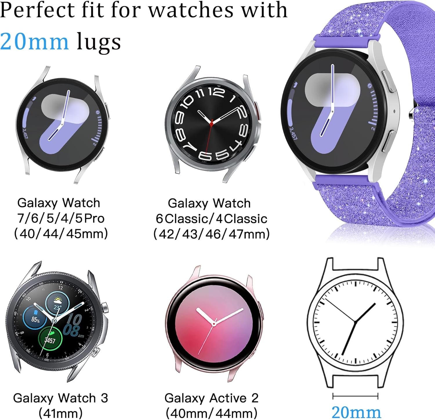 Galaxy Watch 7 6 5 4 FE 40Mm 44Mm Bands for Samsung Watch Bands, 20Mm Watch Band Women Bling Sparkly Stretchy Nylon Galaxy Watch Bands for Samsung Watch Bands 6 4 Classic/5 Pro/Active 2-Purple