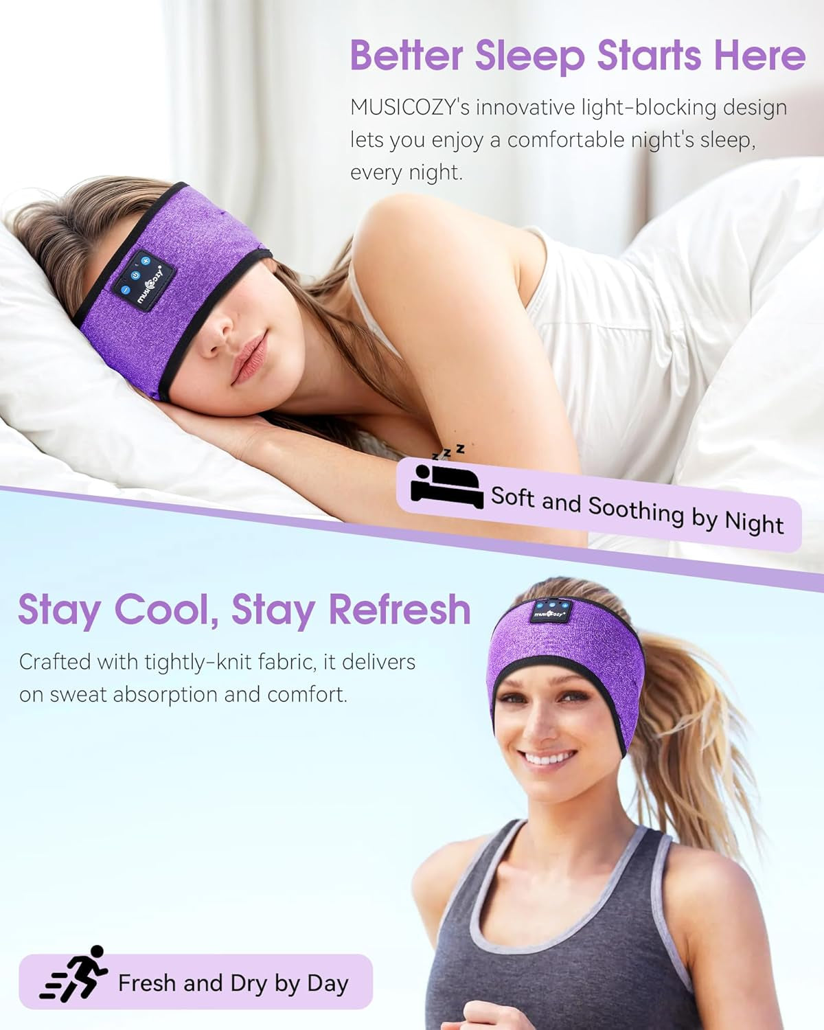 Sleep Headphones Wireless, Bluetooth Headband Sports Sleeping Headphones Sleep Mask Earbuds Breathable Music Headband with Bluetooth 5.2, Perfect for Workout Running, Grape Purple