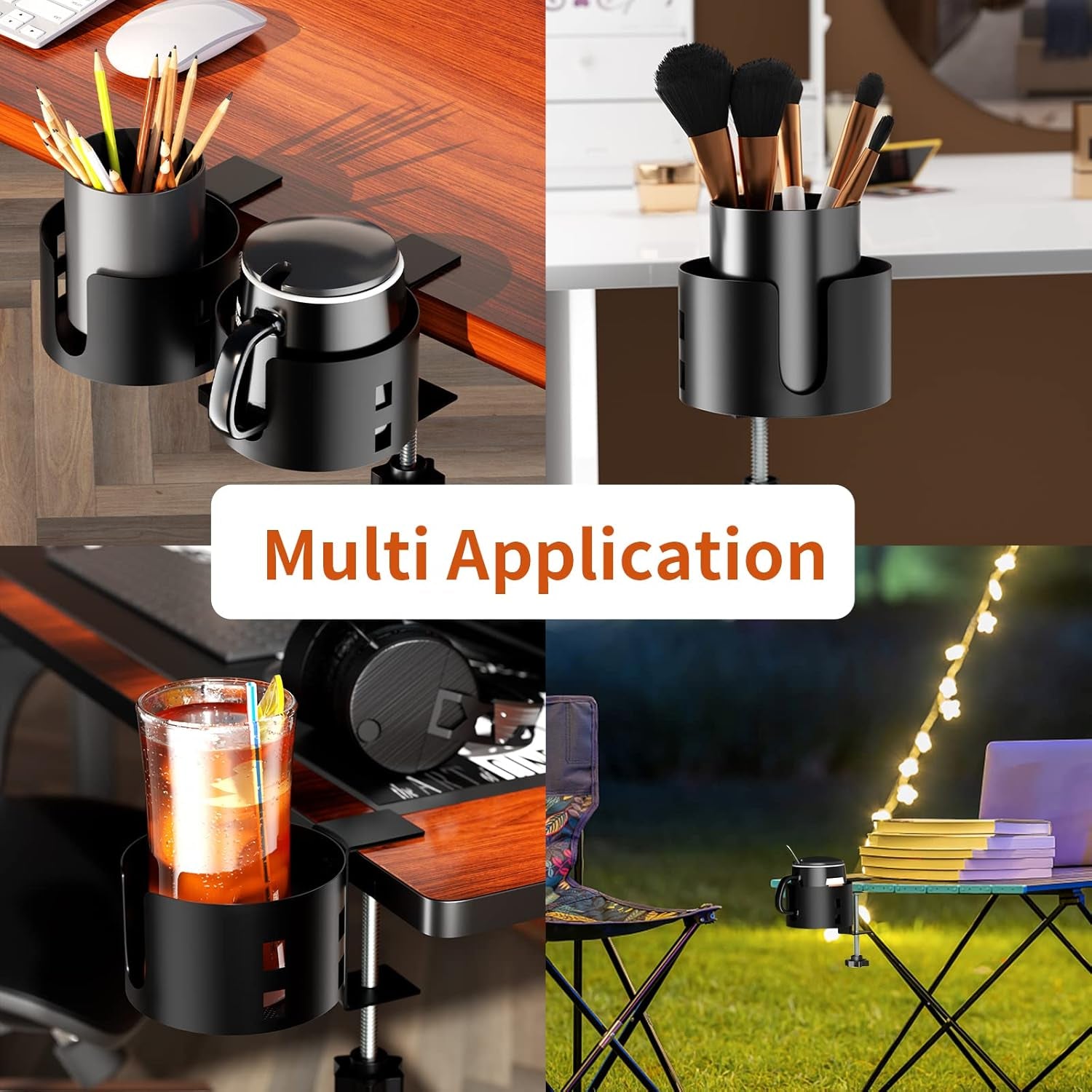 Upgraded Large Desk Cup Holder Clamp,  Anti-Spill Table Cup Holder, Metal Office & PC Gaming Desk Accessories, Compatible with Universal Cup, Bottles, Pencil Holder (Black)