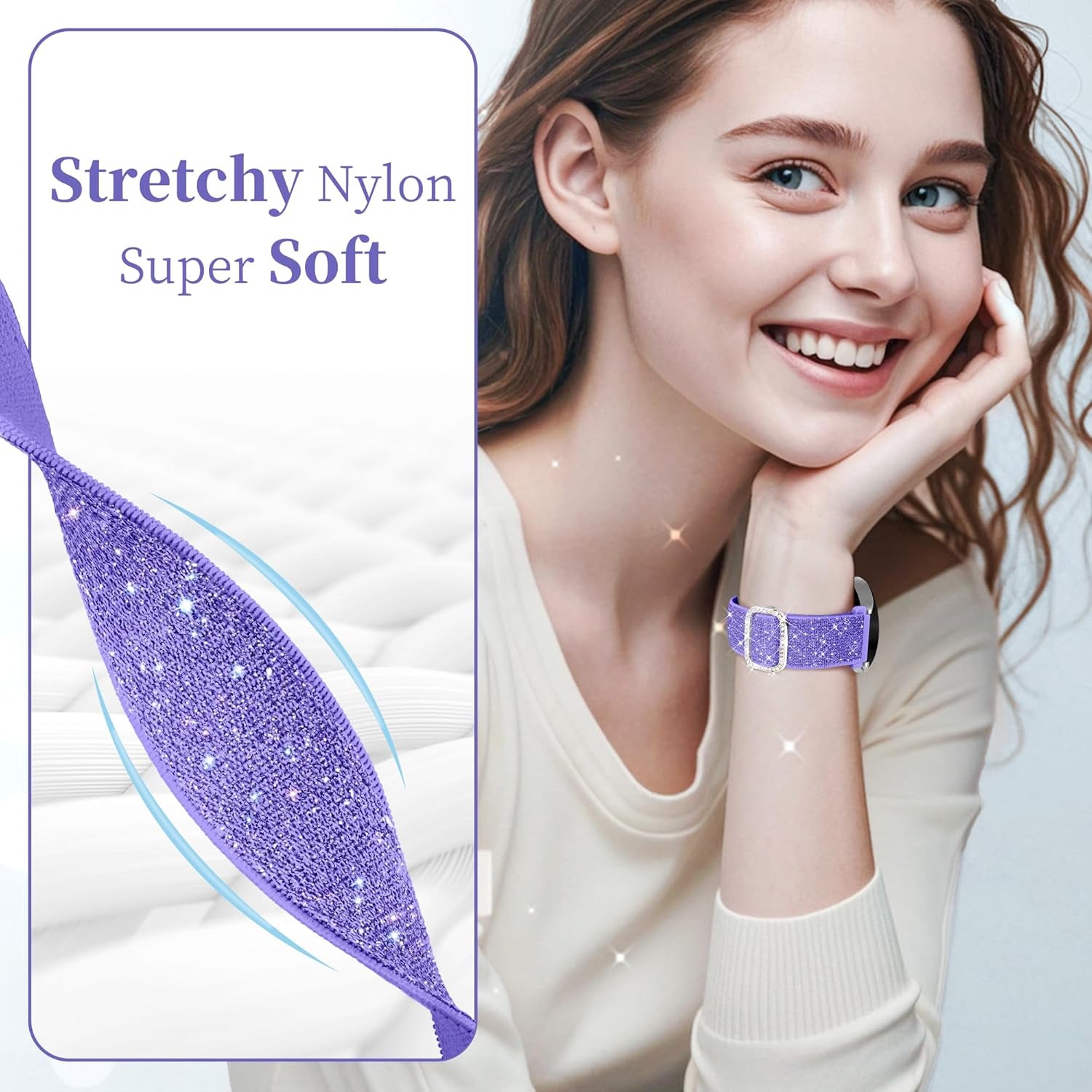 Galaxy Watch 7 6 5 4 FE 40Mm 44Mm Bands for Samsung Watch Bands, 20Mm Watch Band Women Bling Sparkly Stretchy Nylon Galaxy Watch Bands for Samsung Watch Bands 6 4 Classic/5 Pro/Active 2-Purple