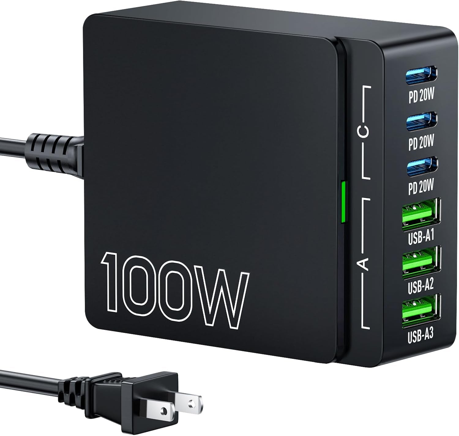 USB C Charger Block Charging Station: 100W 6 Port Gan Fast Charging Brick Hub Cube Box - PD 3.0 Type C & USB a Wall Charger Power Adapter for All Iphone Ipad Samsung Android Pixel Series