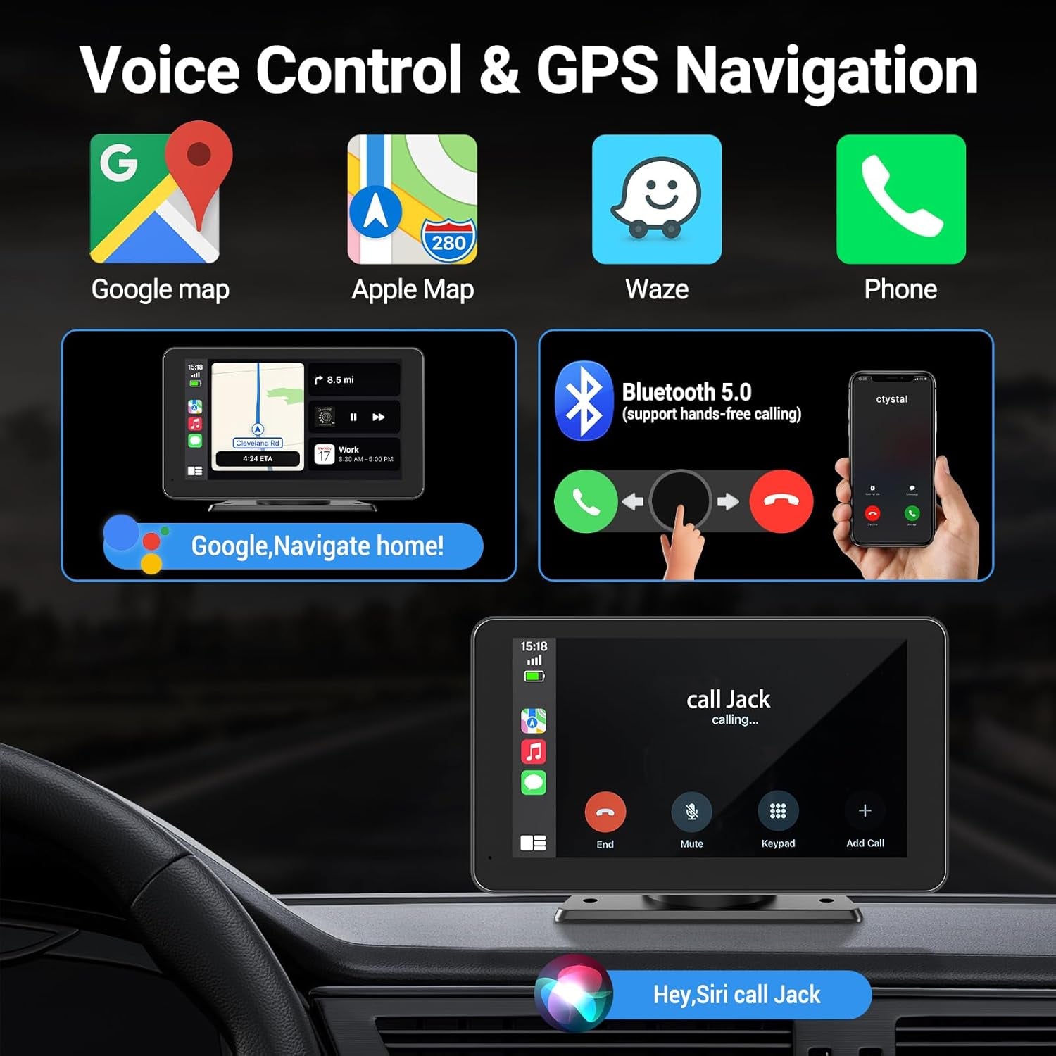 Wireless Apple Carplay Screen for Car, 7" HD Touchscreen with Portable Apple Carplay & Android Auto Car Stereo with Backup Camera, GPS Navigation/Mirror Link/Voice Control/Bluetooth