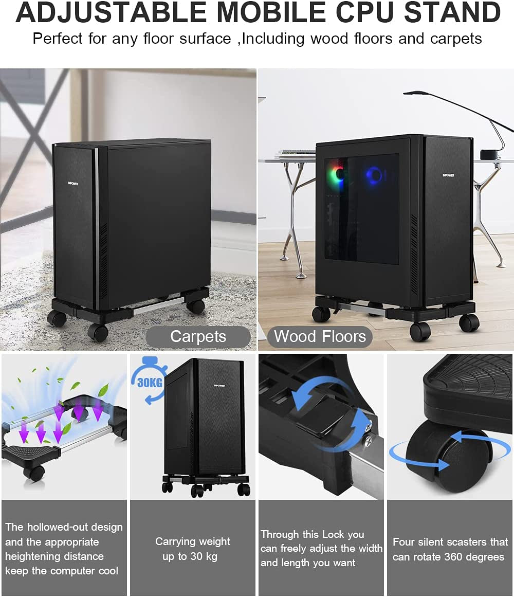 Computer Tower Stand, Adjustable Mobile CPU Stand with Rolling Caster Wheels, Premium PC Tower Stand Holder for Floor Carpet Gaming PC Case