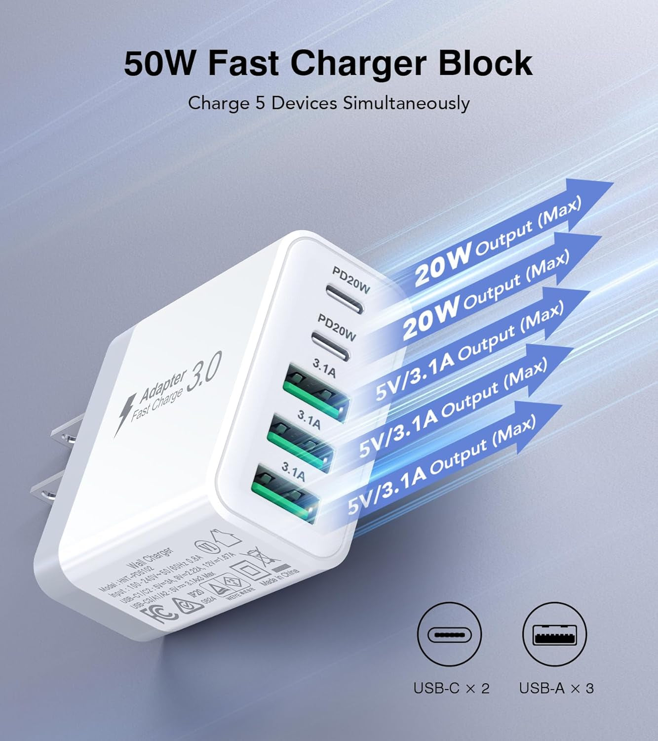 USB C Charger Block, [2-Pack] 50W 5-Port USB C Wall Charger Type C Charger Fast Charging Blocks Cube, Multiple Ports PD Power Adapter QC Wall Plug for Iphone 16 15 14 13 12 Pro Max Galaxy Tablet
