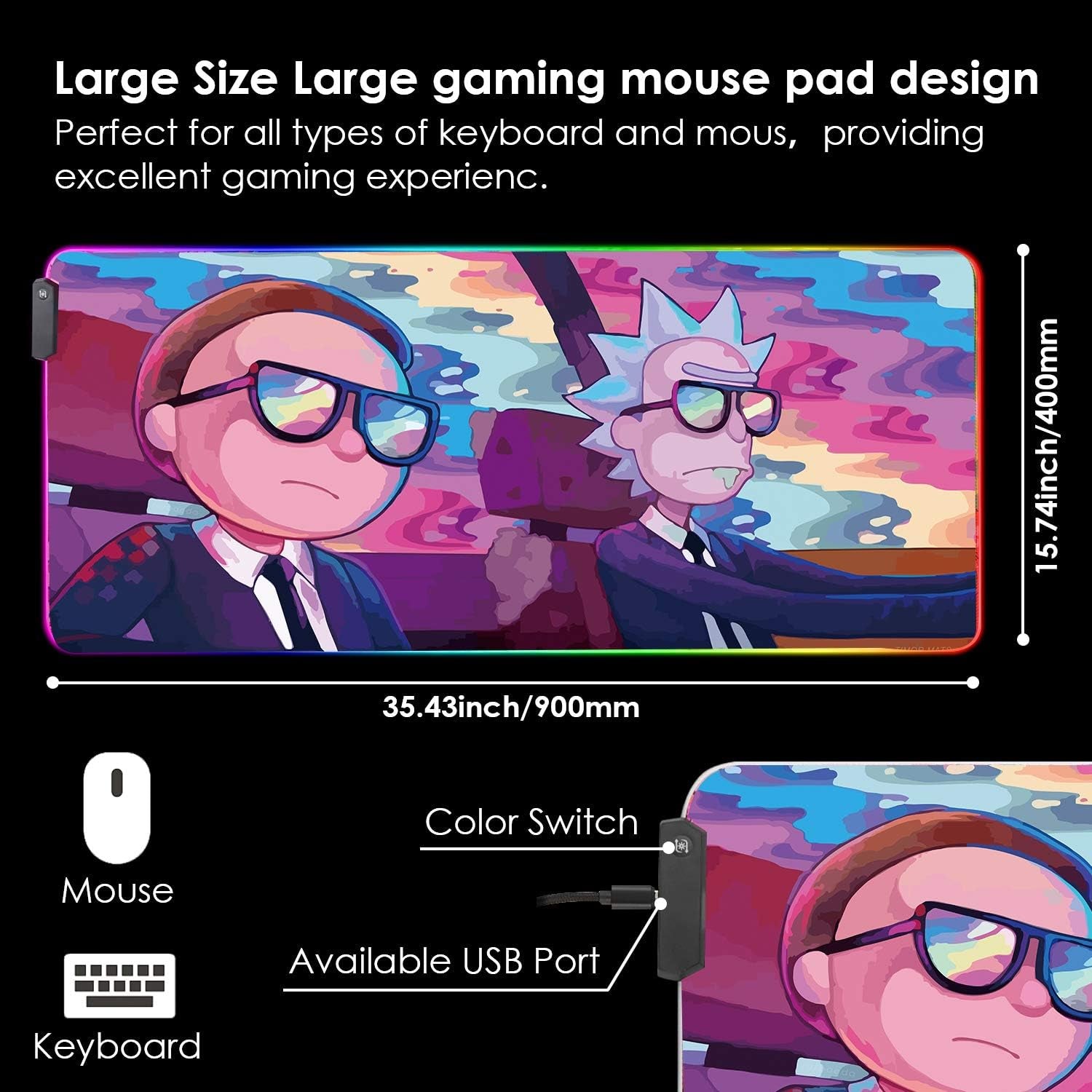 RGB Mouse Pad LED Light Gaming Mouse Pad with Rubber Base Colorful Computer Carpet Desk Mat for PC Laptop (35.4 * 15.7 Inch) (9040Rkmomo)