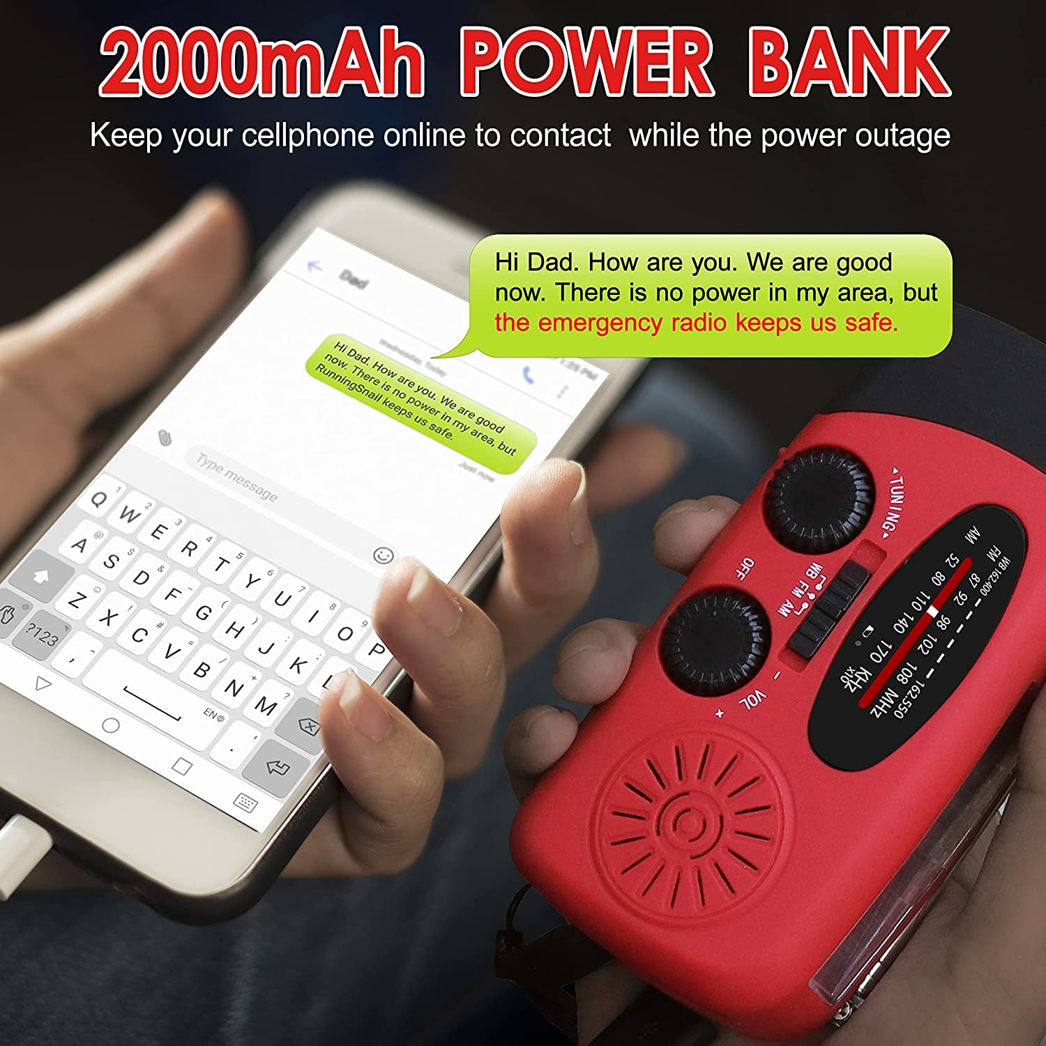 Emergency Hand Crank Radio with LED Flashlight for Emergency, AM/FM NOAA Portable Weather Radio with 2000Mah Power Bank Phone Charger, USB Charged & Solar Power for Camping, Emergency