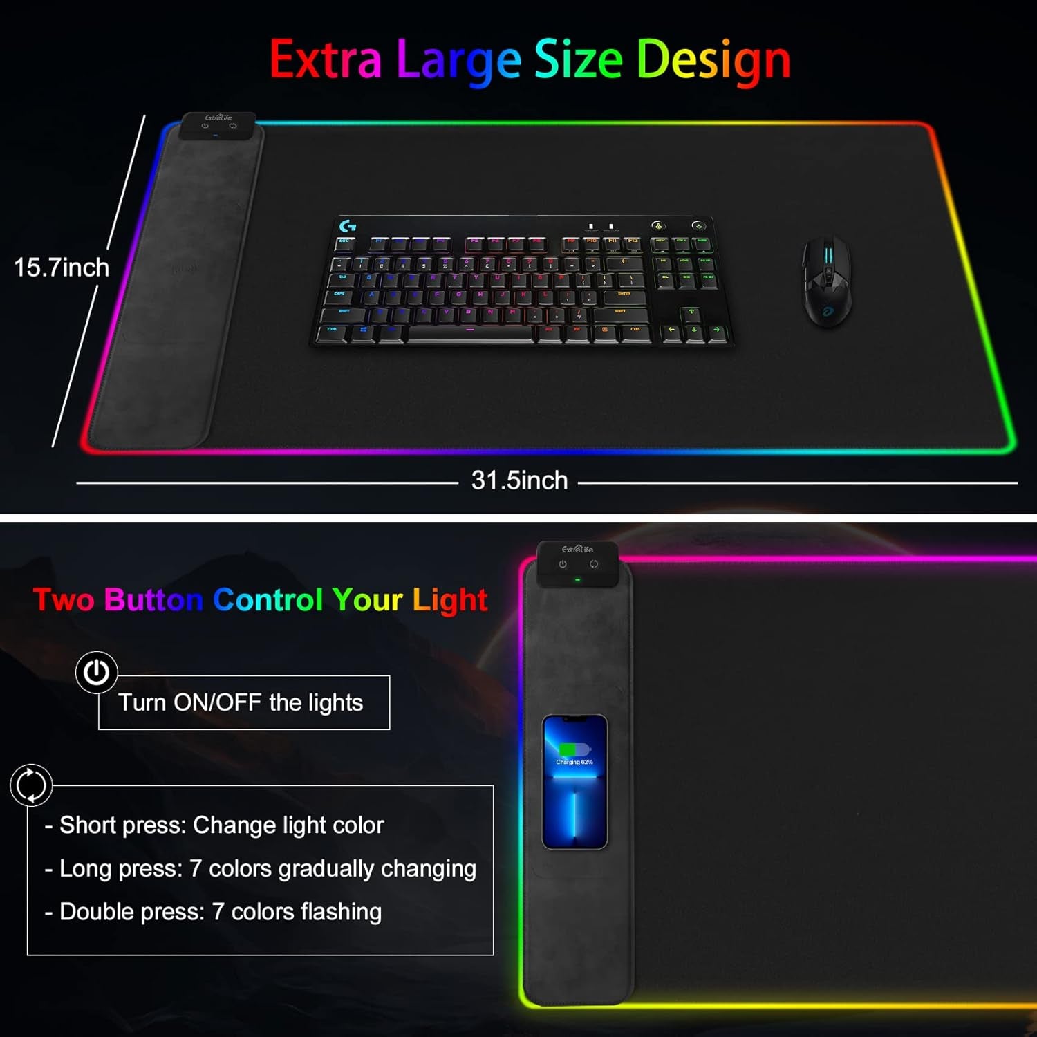 Wireless Charging RGB Gaming Mouse Pad, 31.5"X15.7" Large Desk Mat, Desk Pad with Wireless Charger, Non-Slip Rubber Base, Waterproof, Computer Keyboard Mat for Gamer, Office, Home, Black
