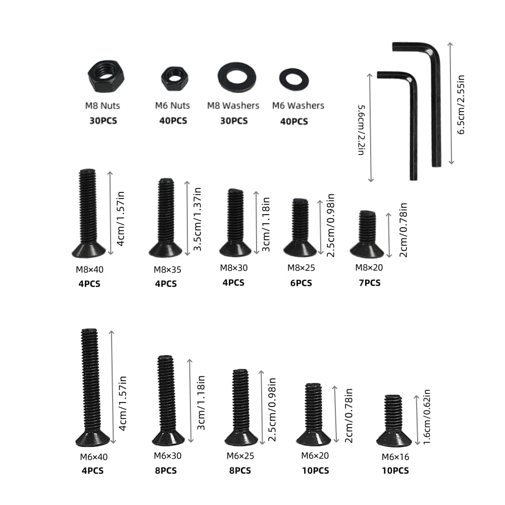 205-Piece M6-M8 Countersunk Bolt and Hex Nut Combination Set, Black Flat Head Bolt, Metric Socket Head Bolt, Full Thread