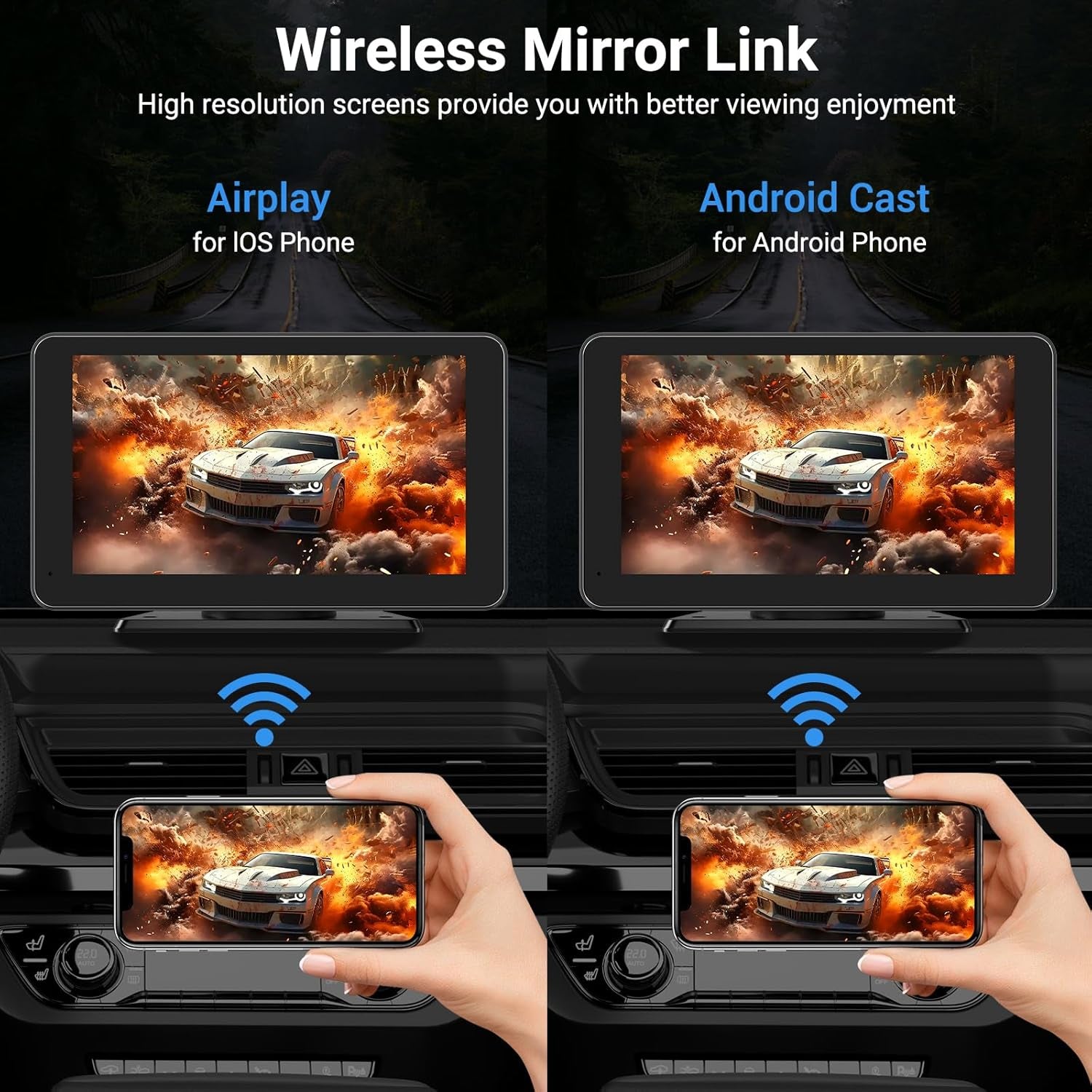 Wireless Apple Carplay Screen for Car, 7" HD Touchscreen with Portable Apple Carplay & Android Auto Car Stereo with Backup Camera, GPS Navigation/Mirror Link/Voice Control/Bluetooth