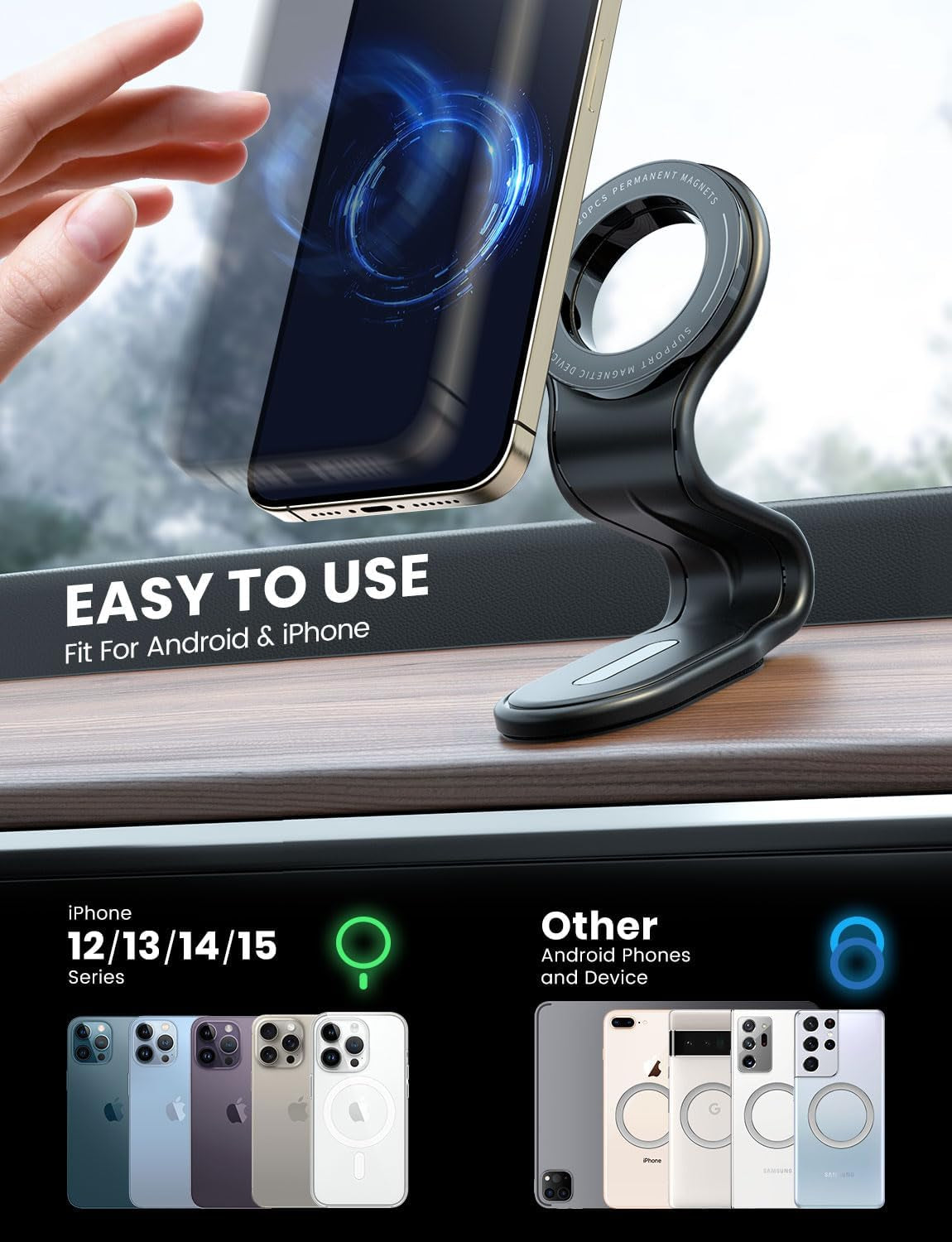 for Magsafe Car Mount Detachable, Bendable Aluminum Arm Magnetic Phone Holder for Car【20 Strong Magnets】 Cell Phone Mount for Car Dash Fit Iphone 16 15 14 13 Pro Max Mini Mag Safe Accessories