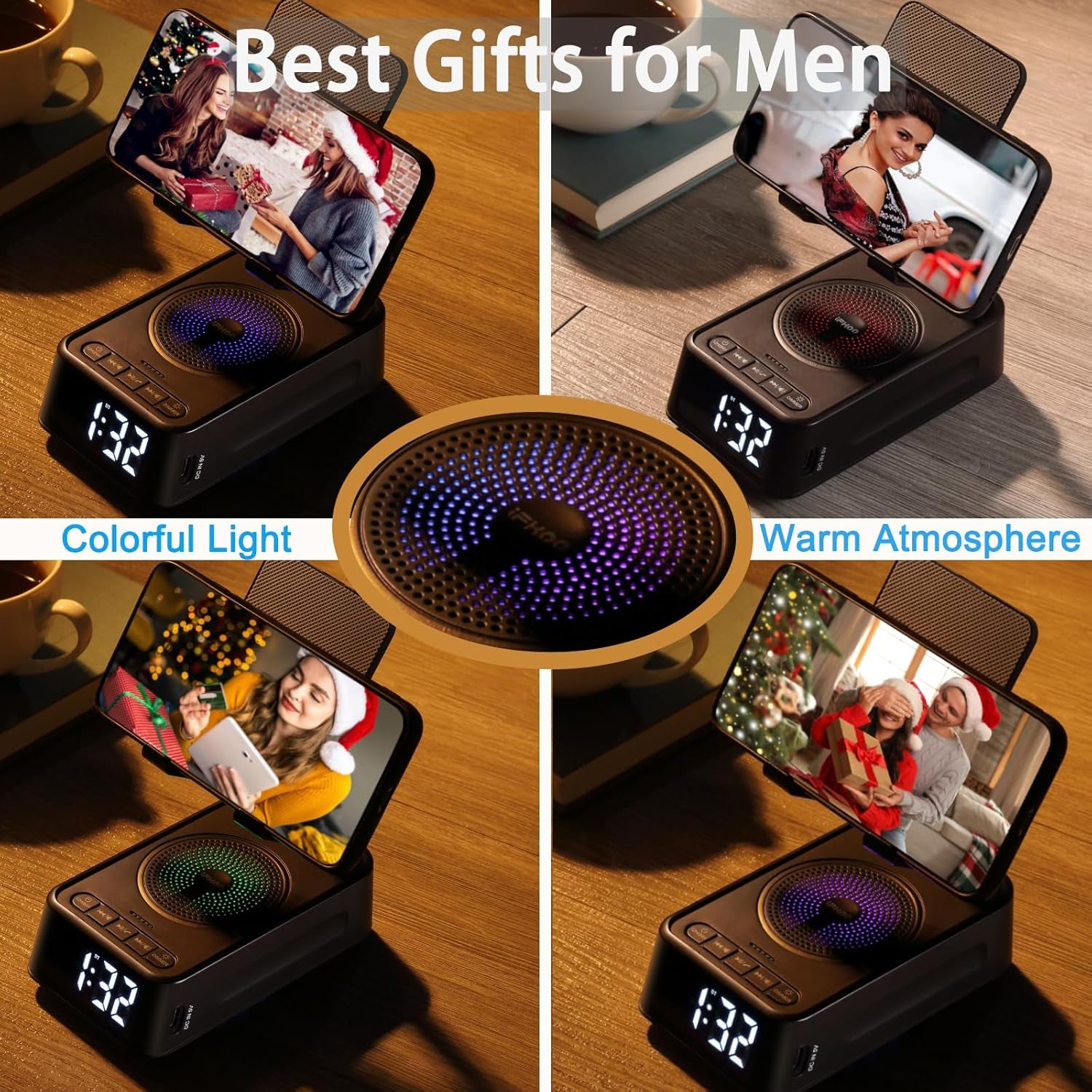 Gifts for Men Women,  Cell Phone Stand with Bluetooth Speaker and Clock, Birthday Gifts for Men Him, Phone Holder with Wireless Speaker, Dad Mom Husband Gifts, Cool Gadget for Men