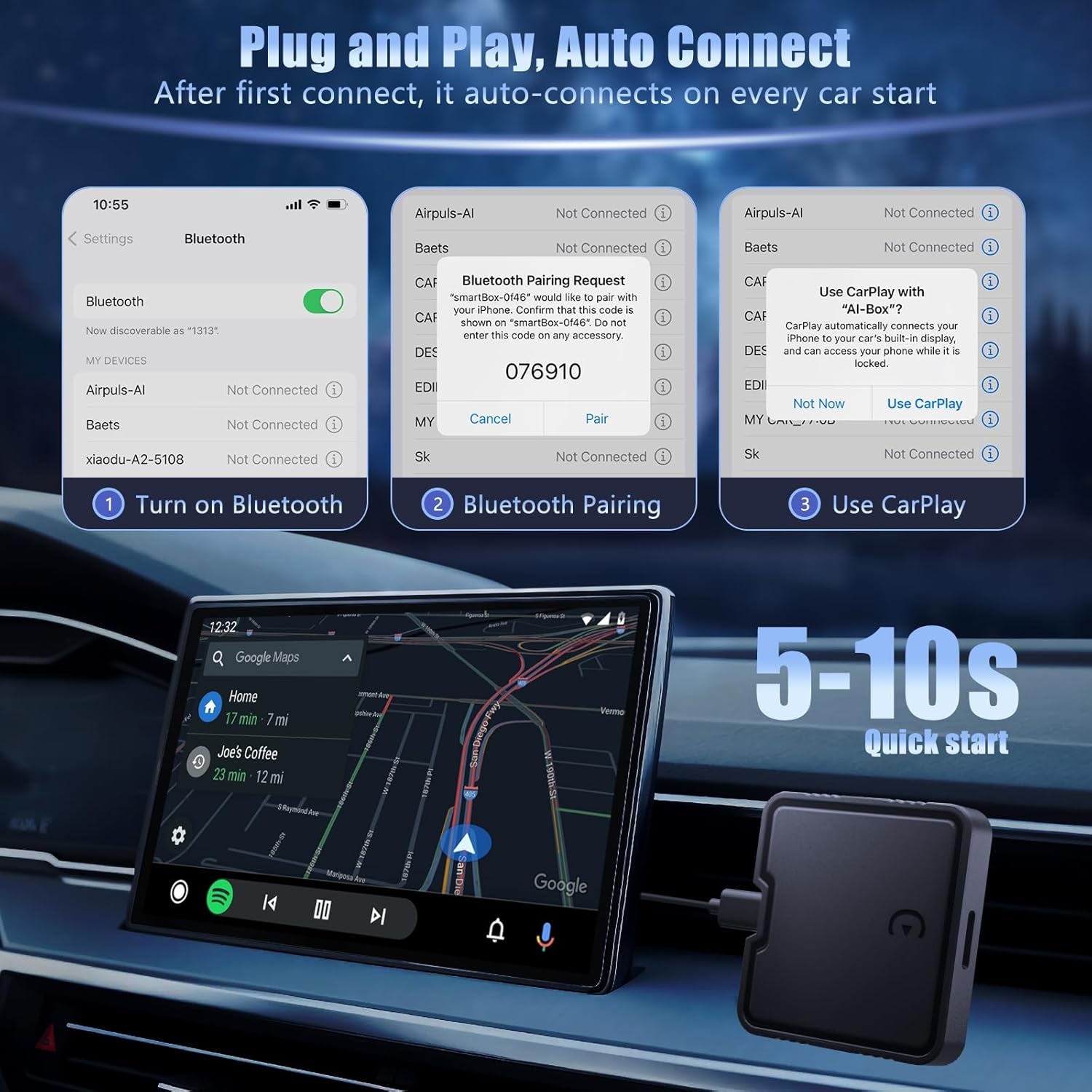 Wireless Carplay Adapter, 2025 Upgrade Support Netflix/Youtube/Tf Card Plug & Play Dongle with Apple Car Play Wireless Adapter Android Auto Wireless Adapter for Cars from 2015&Iphone Ios10+