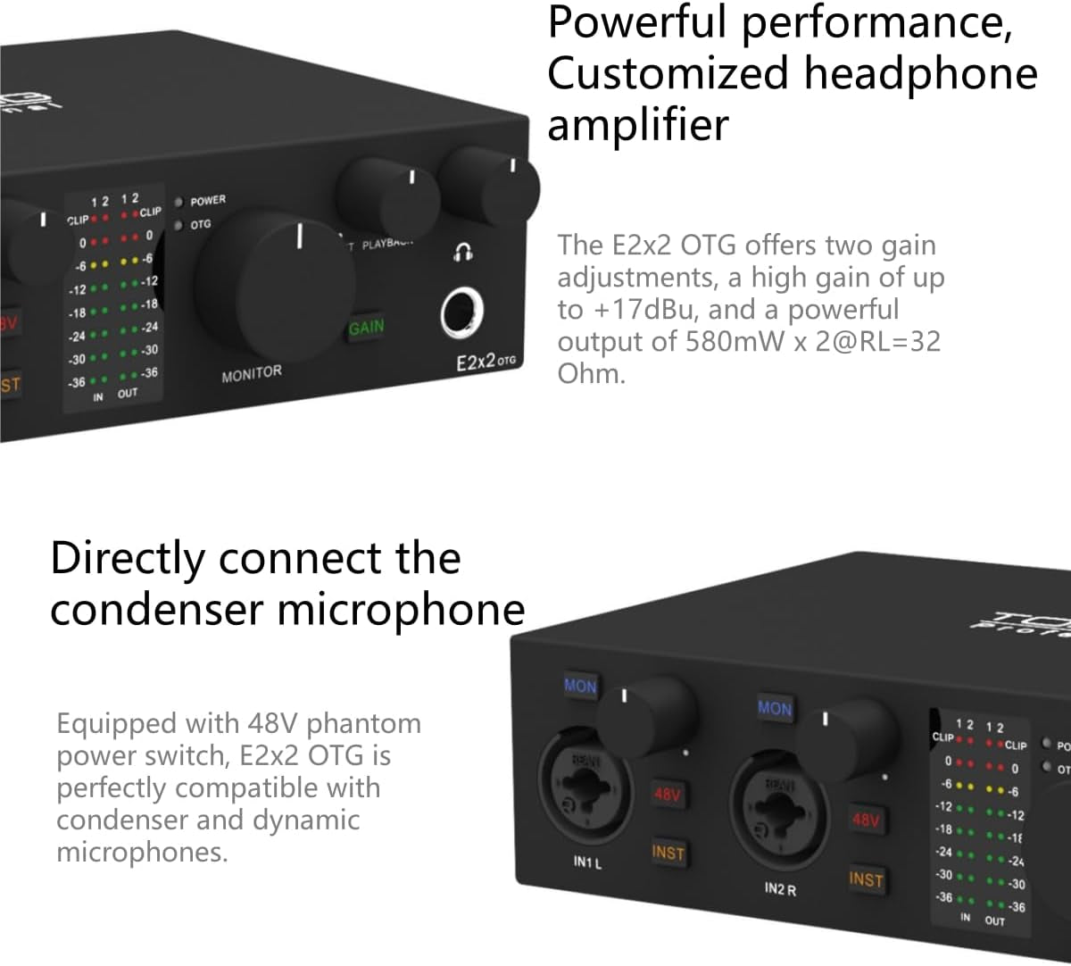 E2X2 OTG USB Audio Interface - Ultra-Linear Preamp & Powerful Headphone Amp,Optical Output, Dual Mobile Streaming, Zero-Latency, 192Khz/24Bit Recording, Pc/Mobile Compatible (Black)
