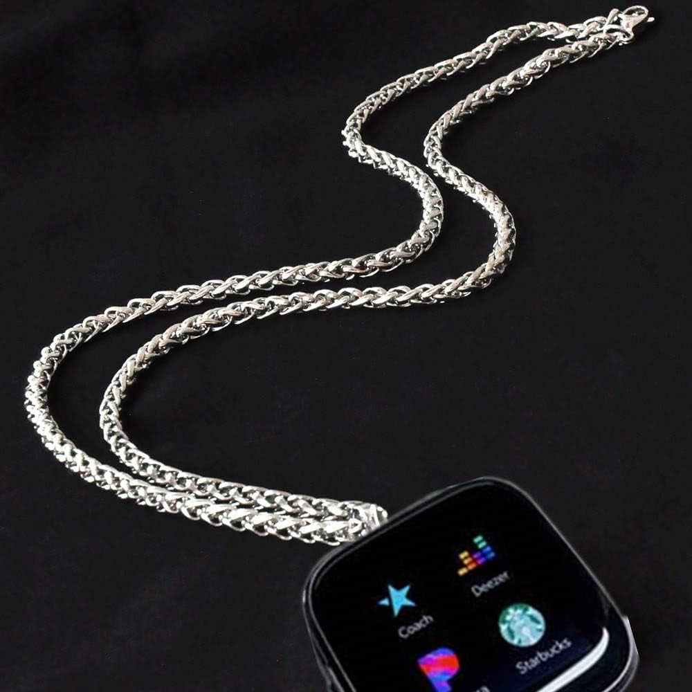 Stainless Steel Chain Necklace Smartwatch Band Compatible with Fitbit Versa 1/2/Lite Newest Polished Silver Metal Wheat Chain Strap Rope Neckband Replacement Accessories Wearable Technology Women Men