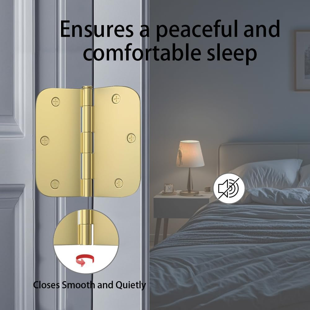 6Pcs Matte Black Door Hinges 3.5 X 3.5 Inch,Interior 3 1/2 Inch Door Hinges,5/8" Radius Corners Flat Iron Hinge,Hardware Controls(Gold)