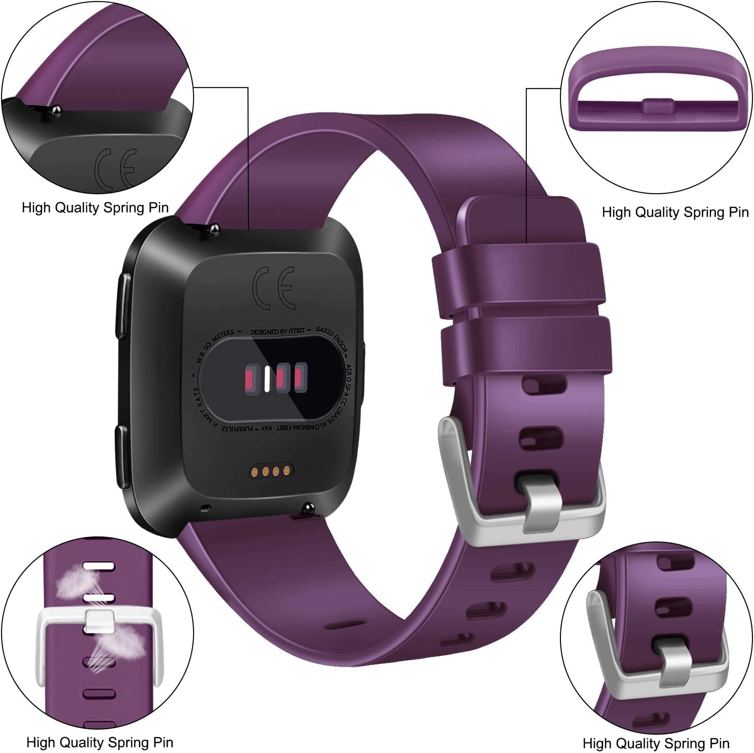 PACK 3 Soft Silicone Bands for Fitbit Versa 2 / Fitbit Versa/Fitbit Versa Lite Classic Adjustable Sport Bands for Women Men Small Large(Without Tracker) (Large, Purple+Violet+Peach)