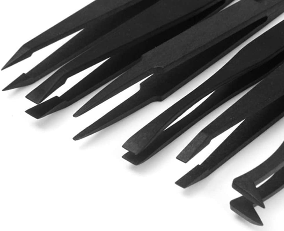 Precision Plastic Tweezers Kit - Plastic anti Static Tweezers Set Pickup Craft Electronics DIY Repair Tool - Black - 6Pcs