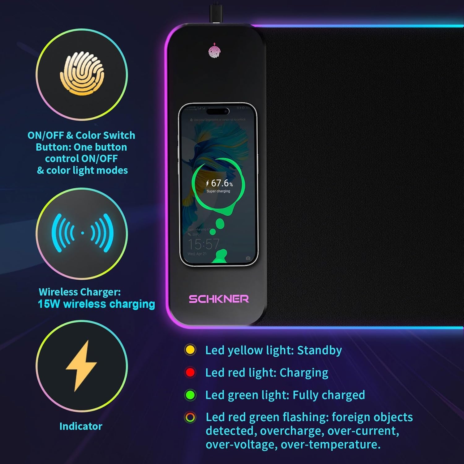 RGB Gaming Mouse Pad with Wireless Charging, Large Mouse Pad with LED Light, Keyboard Pad with Non-Slip Rubber Base,Waterproof Desk Pad for Home Office Decor