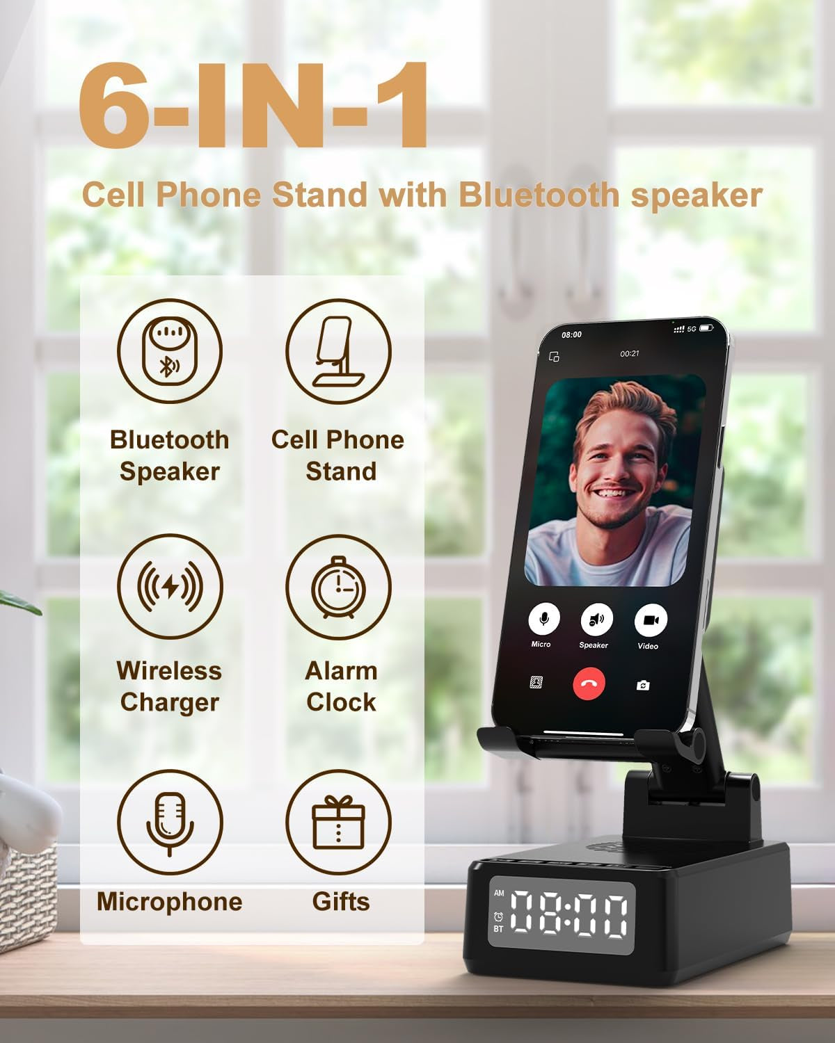 Gifts for Men Cell Phone Stand with Wireless Bluetooth Speaker and Wireless Charger, Phone Charger Stand with Digital Alarm Clock for Iphone, Birthday Gifts for Men,Boyfriend,Dad,Women,Christmas