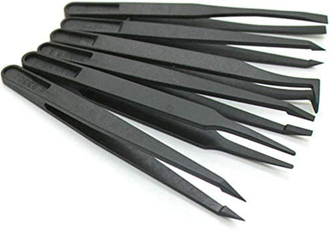Precision Plastic Tweezers Kit - Plastic anti Static Tweezers Set Pickup Craft Electronics DIY Repair Tool - Black - 6Pcs