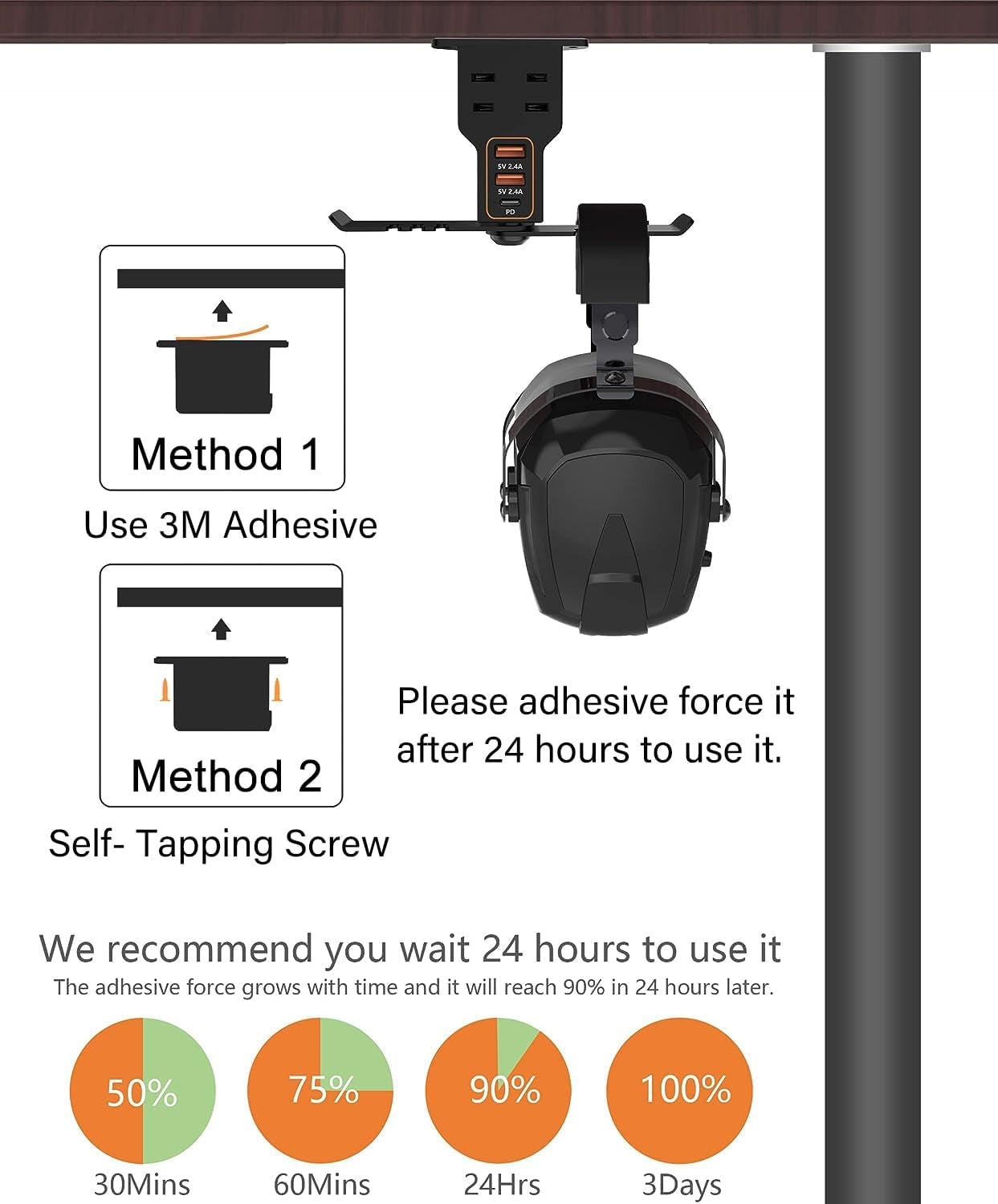 Headset Holder for Desk, Dual Headphone Stand, PC Gaming Headphones Hanger Hook under Desk with (QC3.0) 3 USB Charging Station & 2 AC Outlet(800W) for All Earphone Accessories Gamer Gift