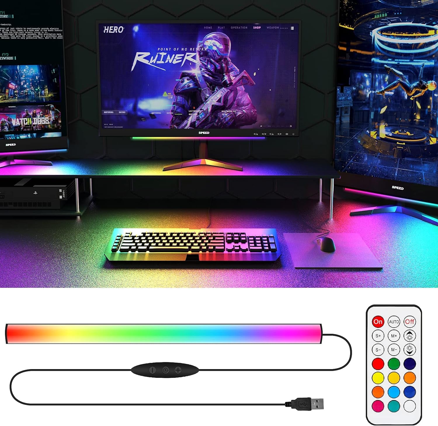 RGB under Monitor Light Bar, Gaming Lights for Gaming Setup, RGB Desk Led with Remote Controller, 5V USB Led Light Bar, Keyboard Gaming Light for Desk/Pc/Monitor/Computer/Setup/Room Accessories