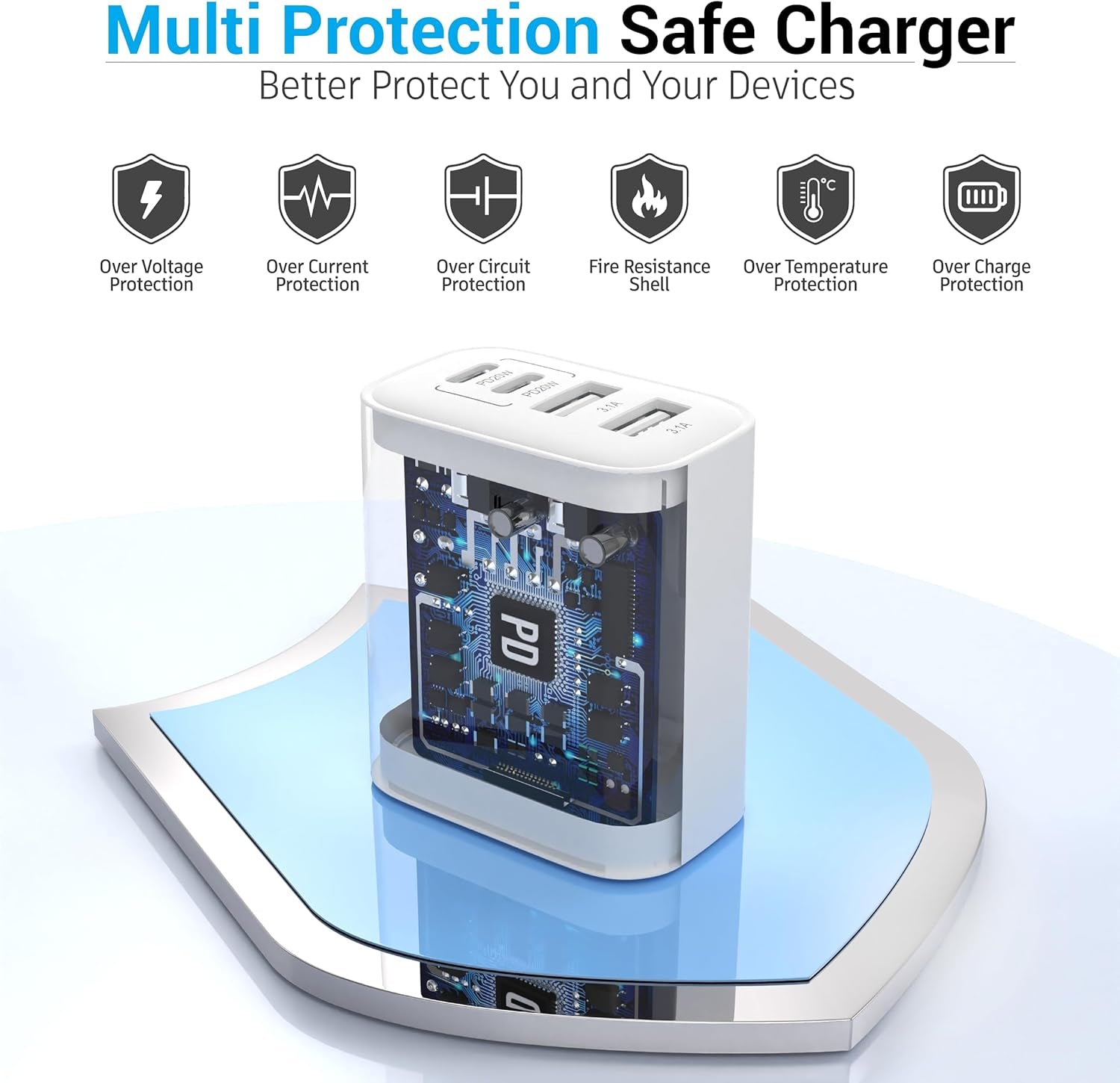 USB C Block 40W, 4 Ports Wall Plug Fast Charging Block, PD+QC Multiport Power Adapter USB C Charger Type C for Iphone 16,15,14,13,12,11, Pro Max, X, Xr, Xs, 8, 7, Watch, Galaxy Phones (White 1Pack)
