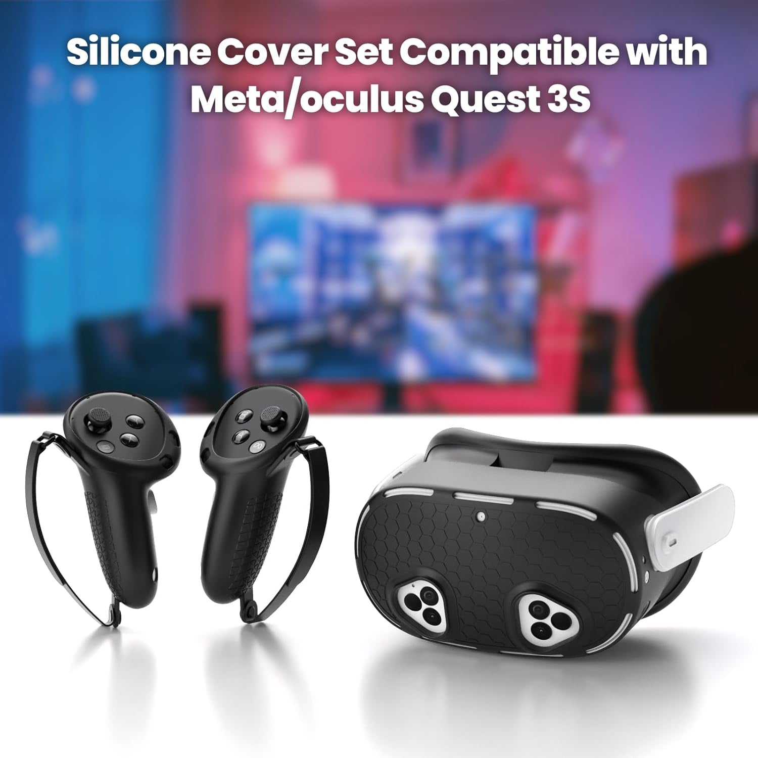 Silicone Protective Cover Set for Meta Quest 3S Accessories, VR Shell Cover, VR Silicone Face Cover, Touch Controller Grip Case, Lens Protector Set (Black)