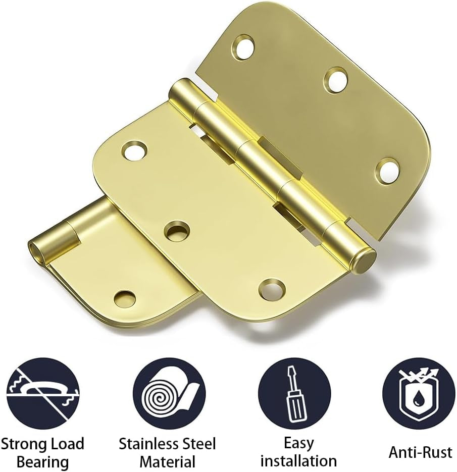 6Pcs Matte Black Door Hinges 3.5 X 3.5 Inch,Interior 3 1/2 Inch Door Hinges,5/8" Radius Corners Flat Iron Hinge,Hardware Controls(Gold)