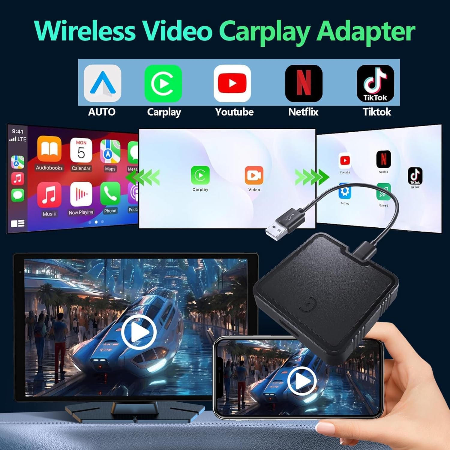 Wireless Carplay Adapter, Car Play Adapter Supports Netflix, Youtube, TF Card Plug & Play, Android Auto Wireless Adapter Carplay Dongle Fits for Factory Wired Carplay Cars from 2015 & Ios10+