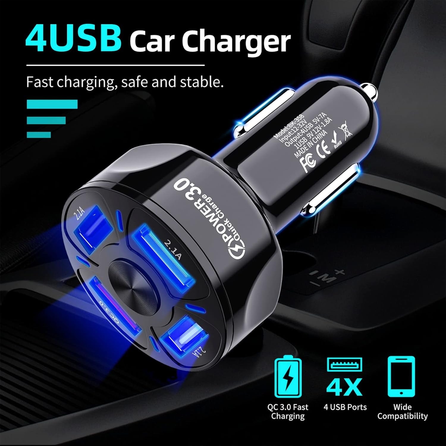 QC3.0 Car Charger Adapter, 4 Ports USB Car Charger, Fast Charging Electronic Devices with USB Interface, Car Interior Accessories, Compatible with Apple, Android - Black