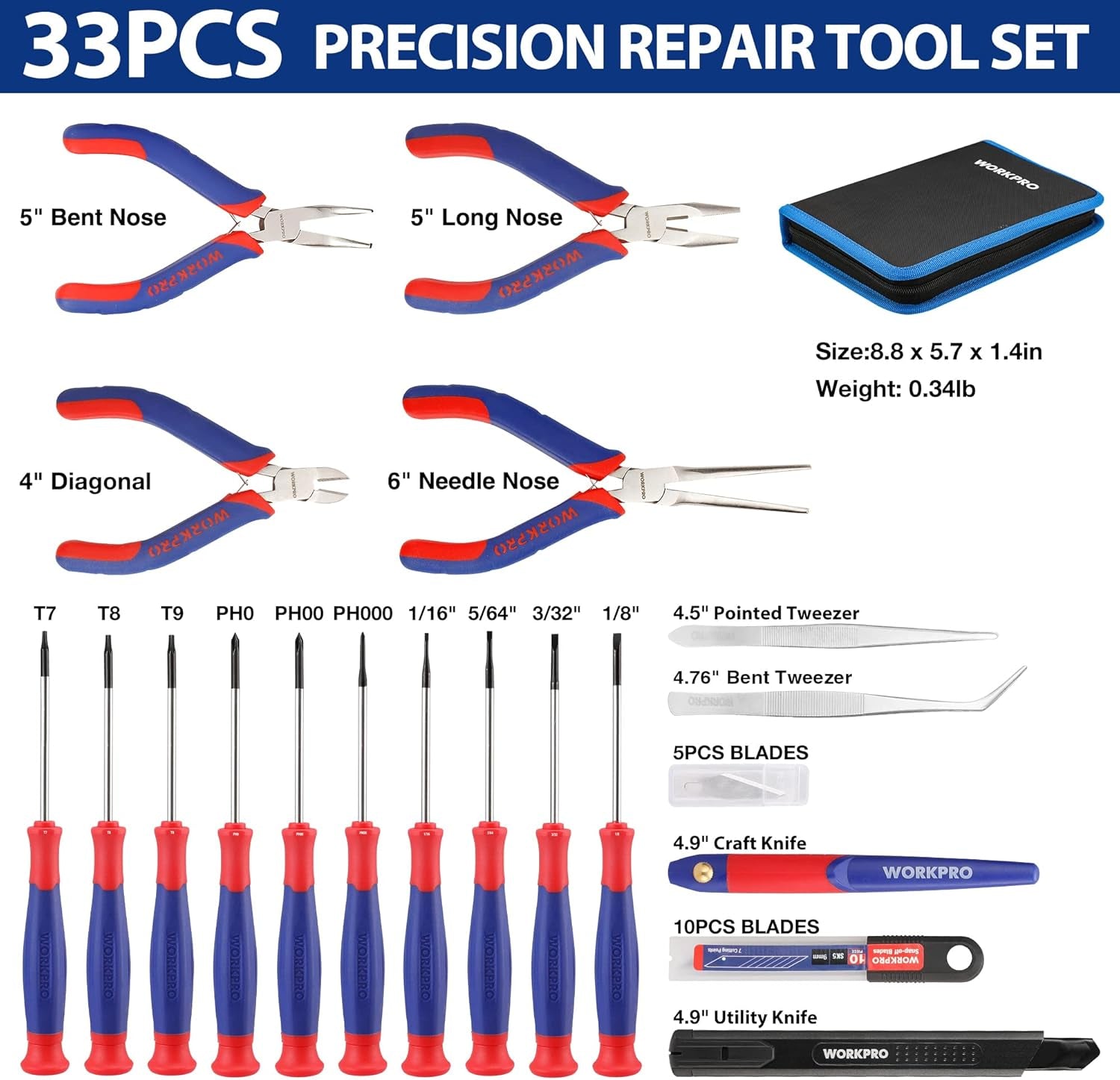 33PCS Precision Repair Tool Set Includes Pliers Set, Screwdrivers Set, Craft & Utility Knife, Tweezers, Electronic Repair Tool Kit with Pouch for Laptops, Phones, Computer & Gaming Accessories